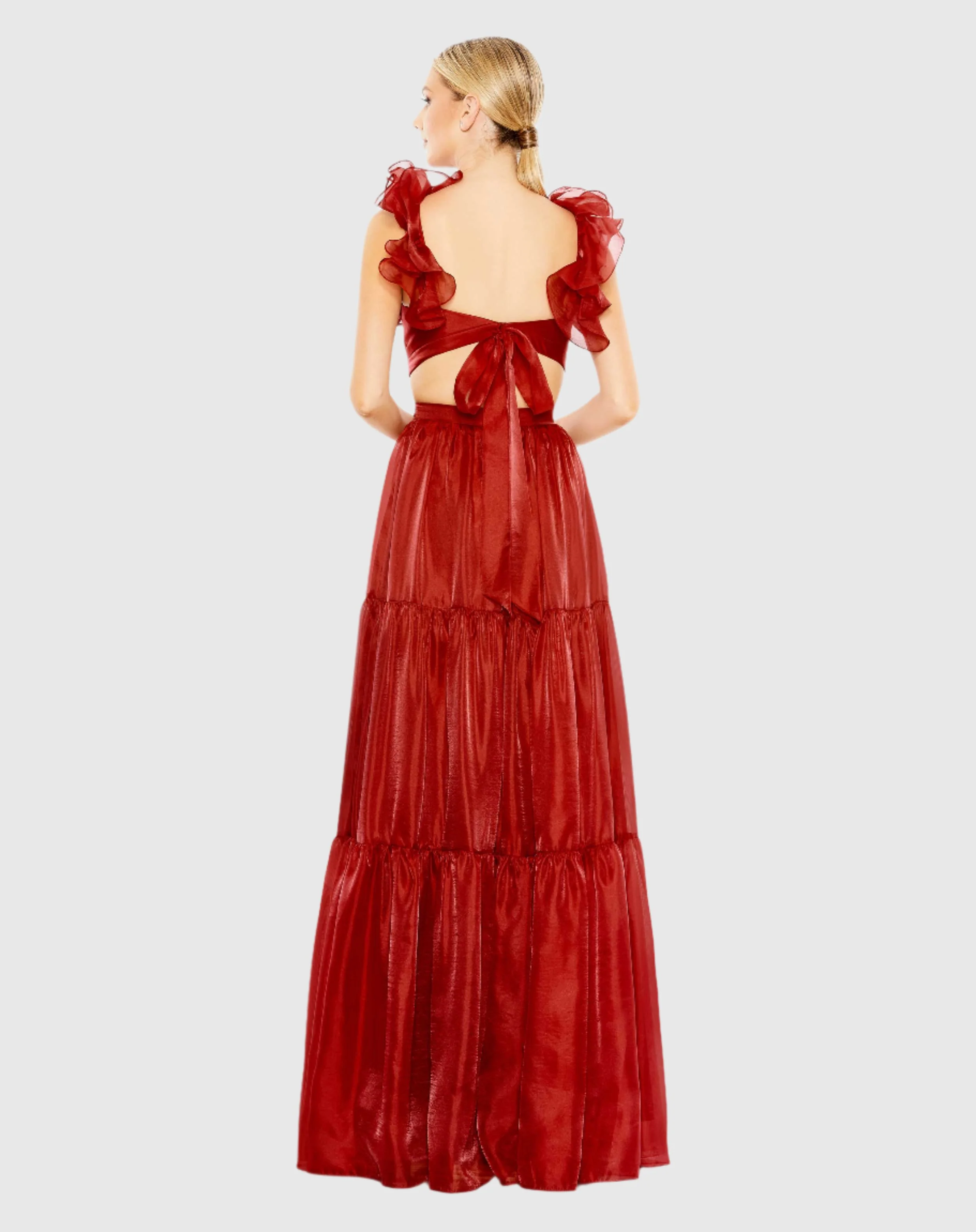 Red Ruffled Shoulder Cut Out Soft Tie Back Tiered Gown