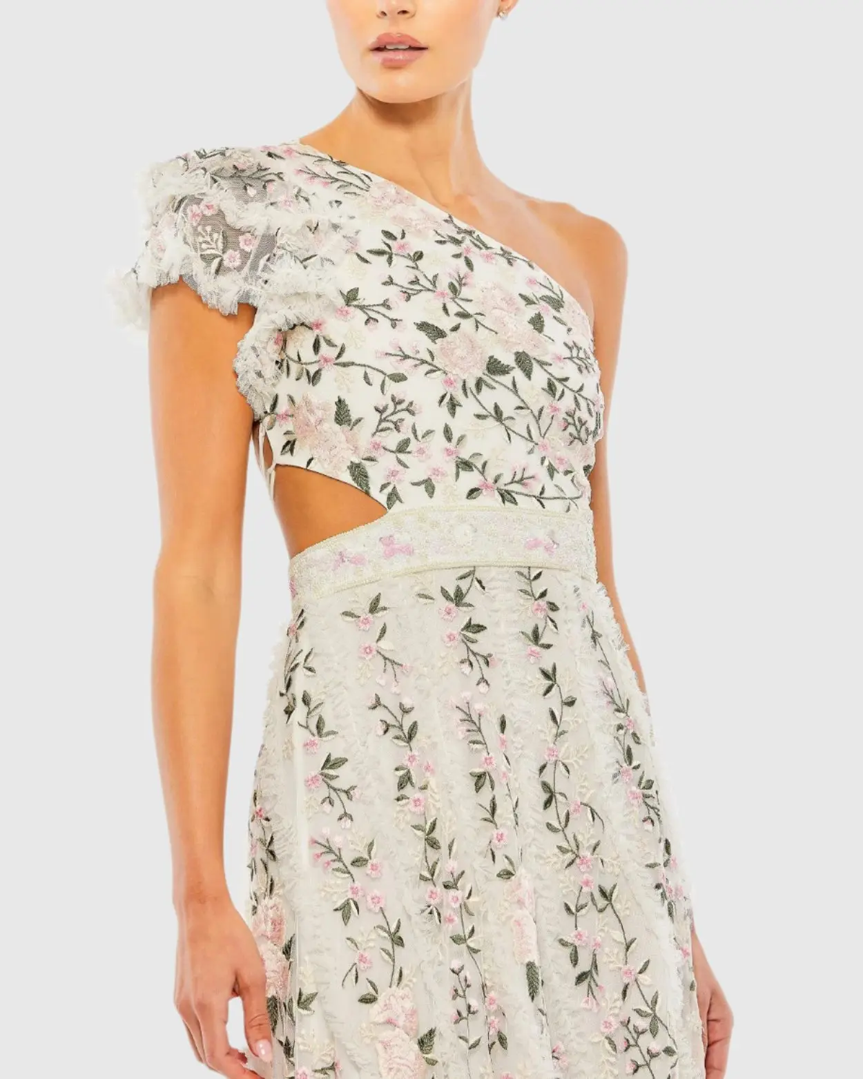 White Multicolor Embroidered Ruffled One Shoulder Lace Up Gown