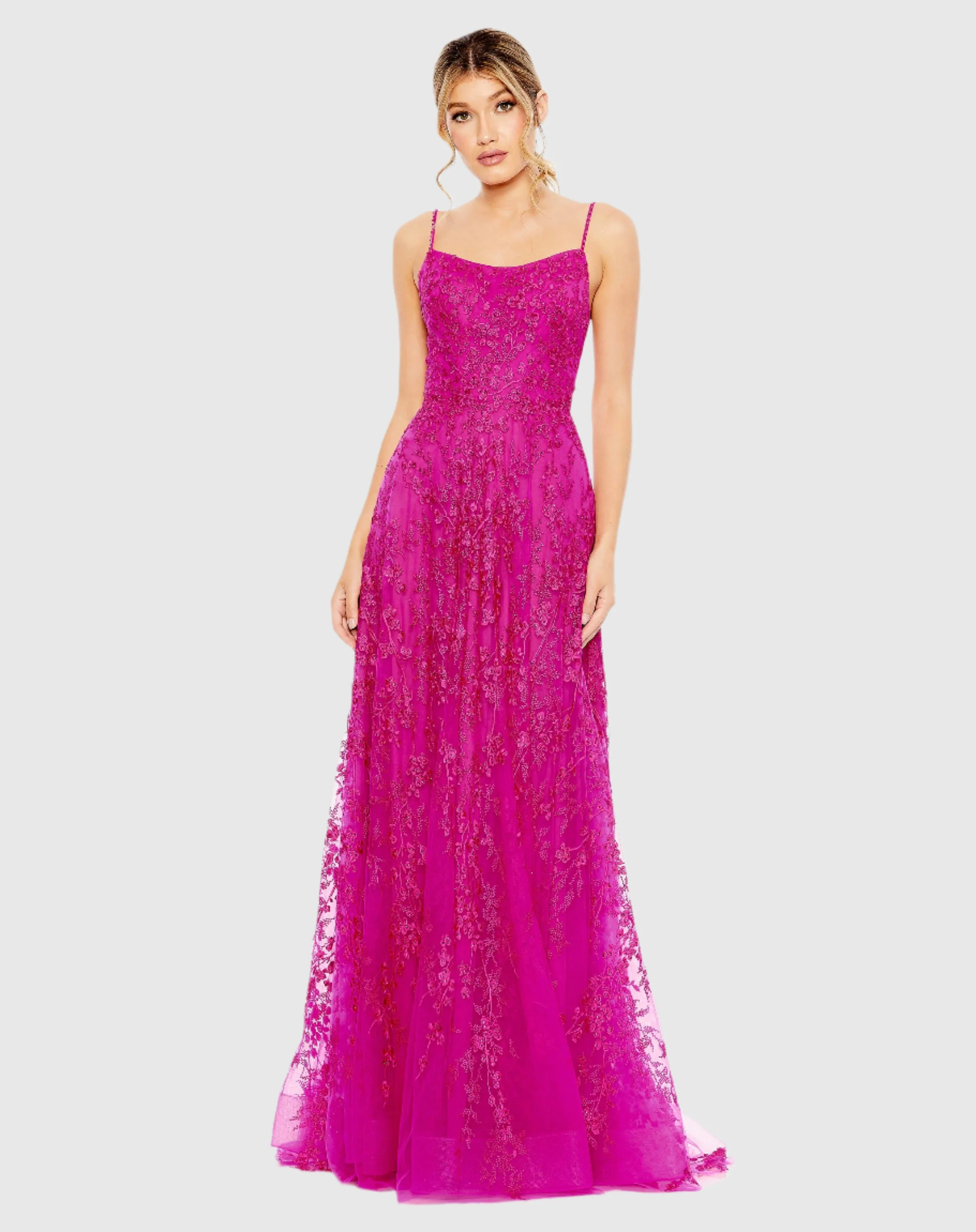 Purple Floral Applique Cami A Line Gown