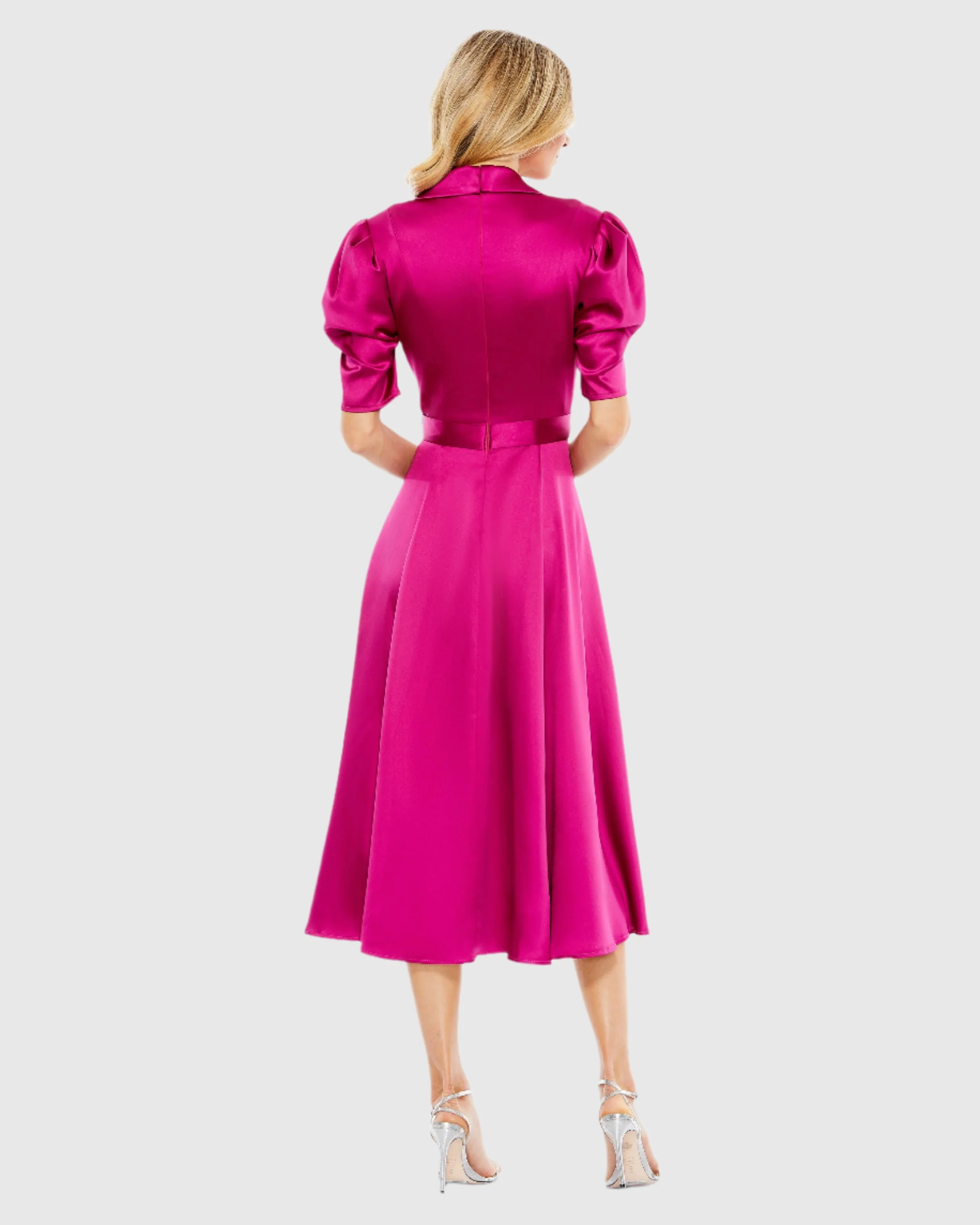 Hot Pink Satin Lapel Puff Sleeve Tea Length Dress
