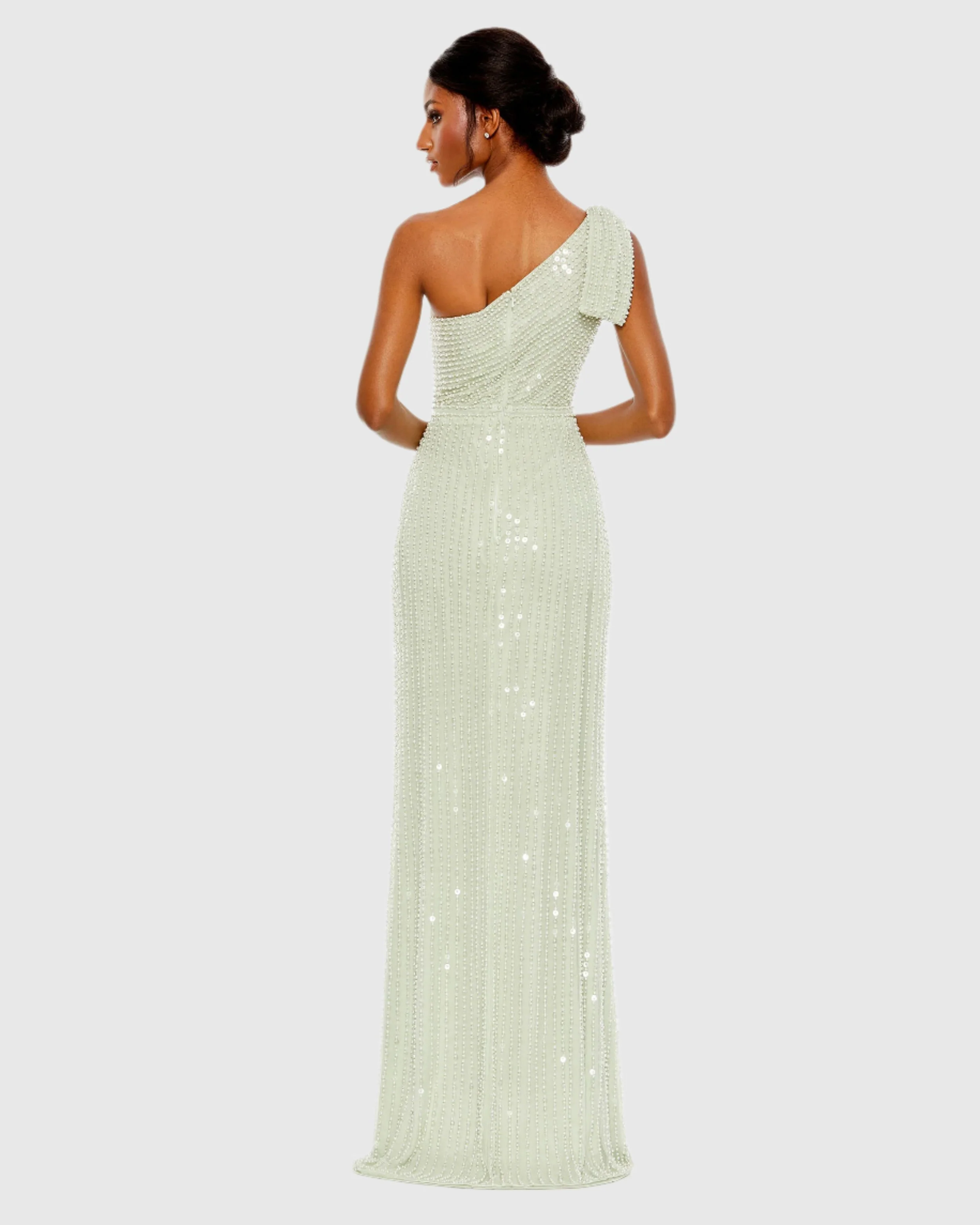 Green Pearl Embellished Soft Tie One Shoulder Gown