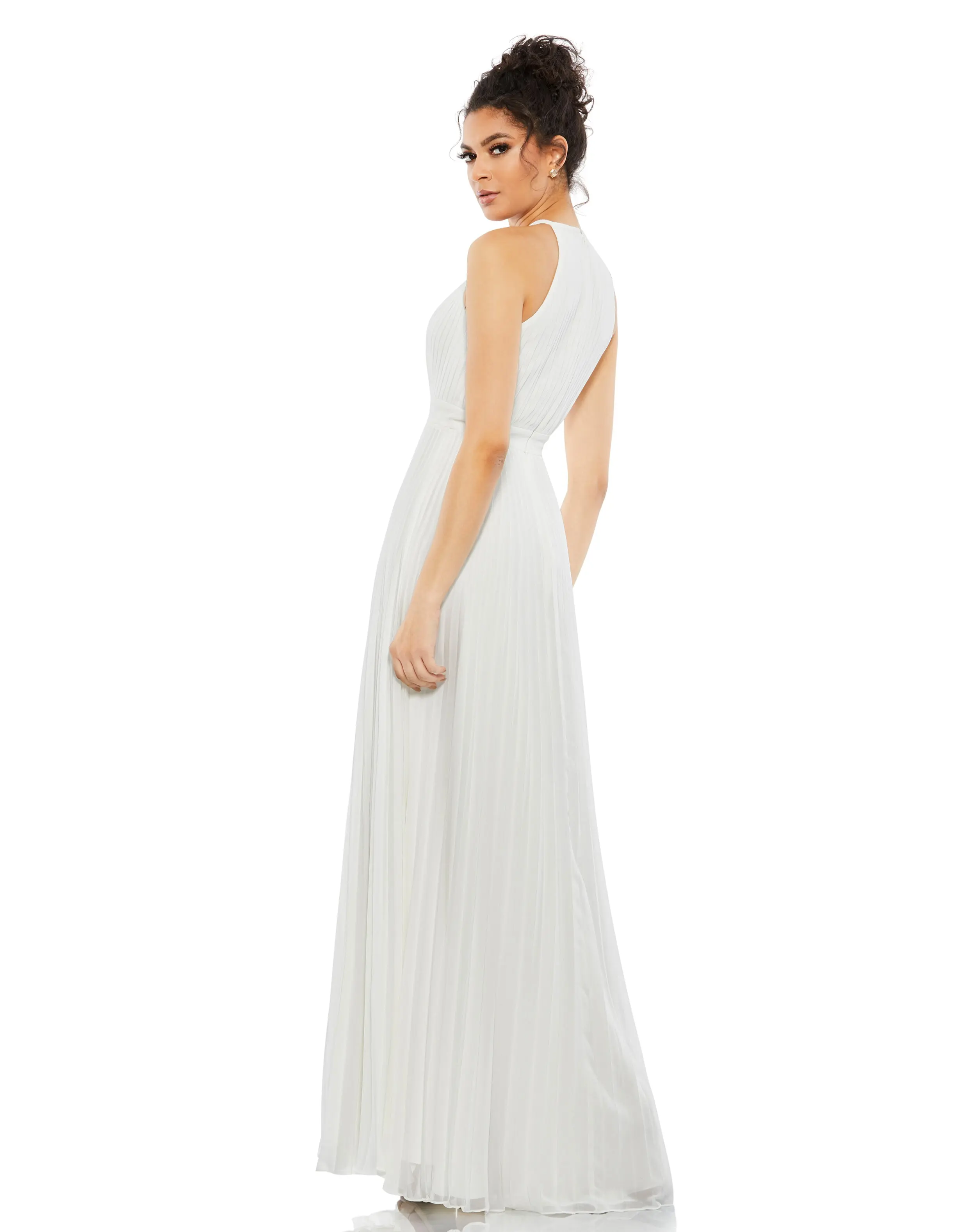 White Pleated Halter Neck Flowy Gown