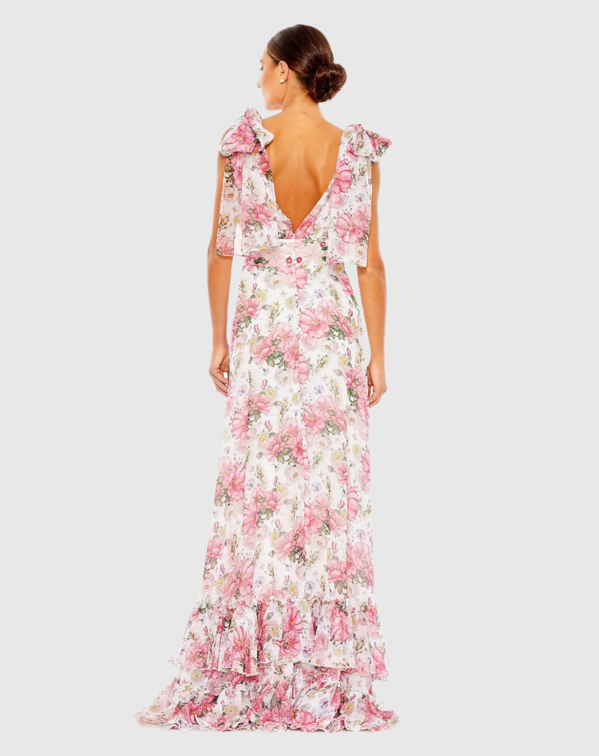 Soft Tie Sleeveless V Neck Tiered A Line Gown