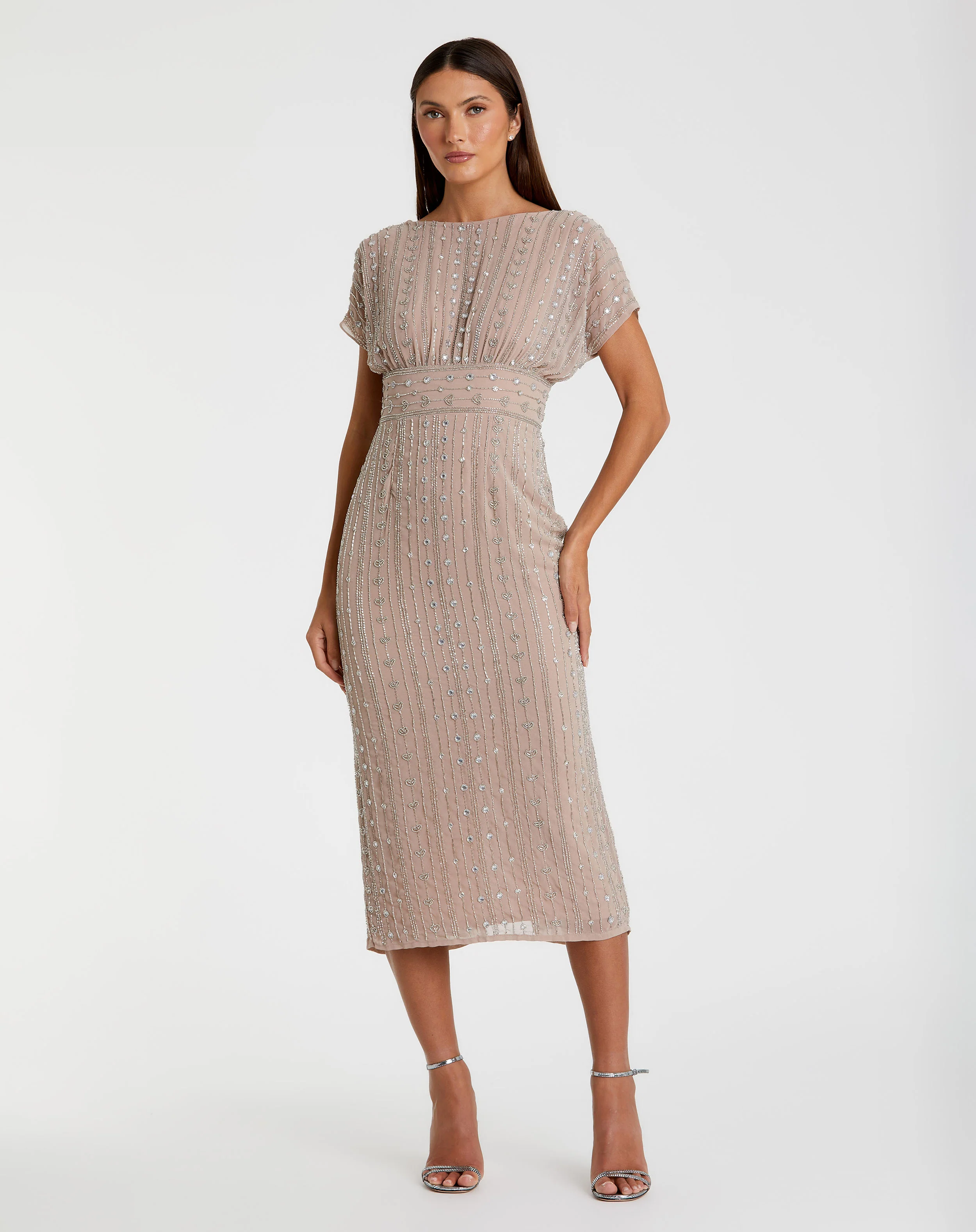 Beige Beaded Cap Sleeve Column Midi Dress