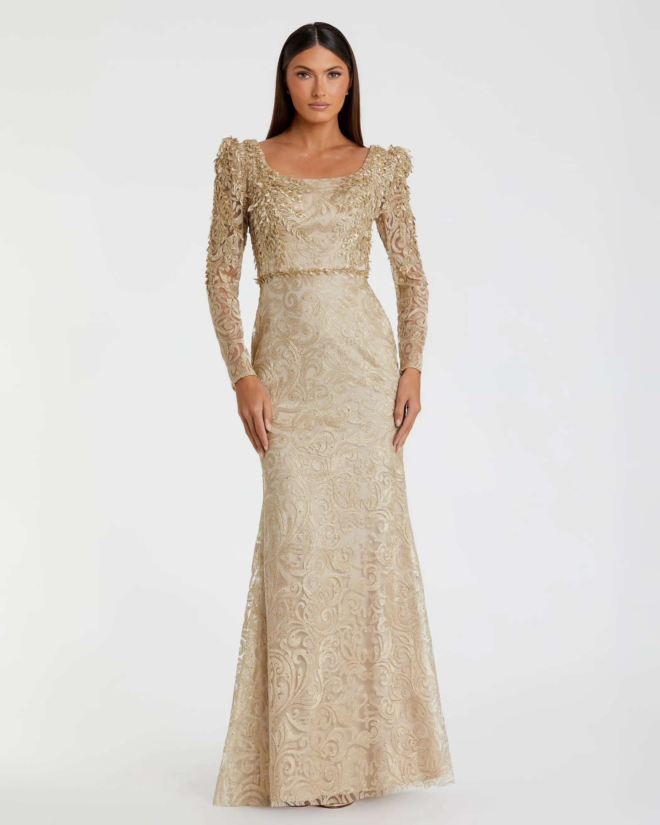Embroidered Lace Applique Shoulder Detail Trumpet Gown