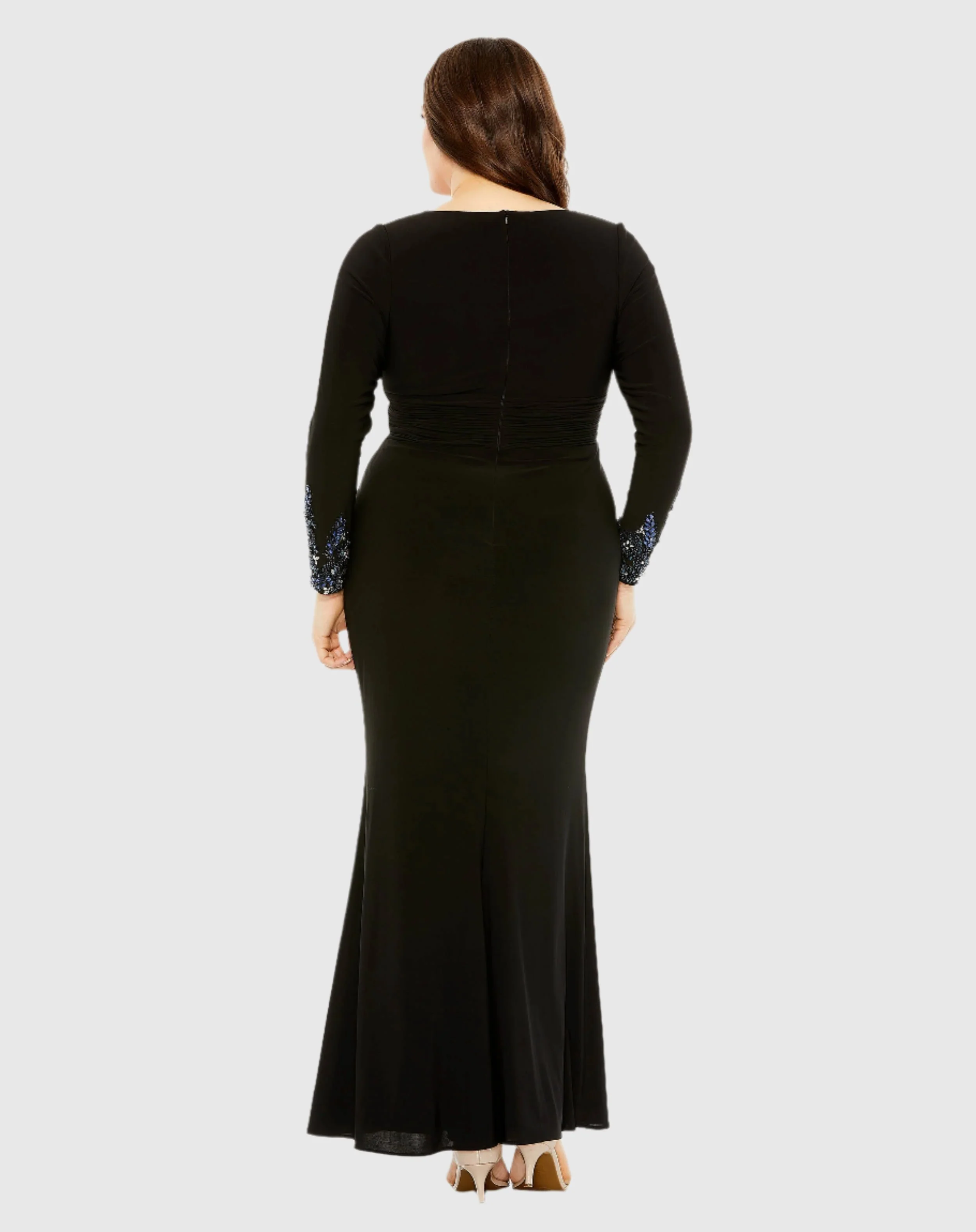 Black Long Crystal Detail Sleeve V Neck Gown