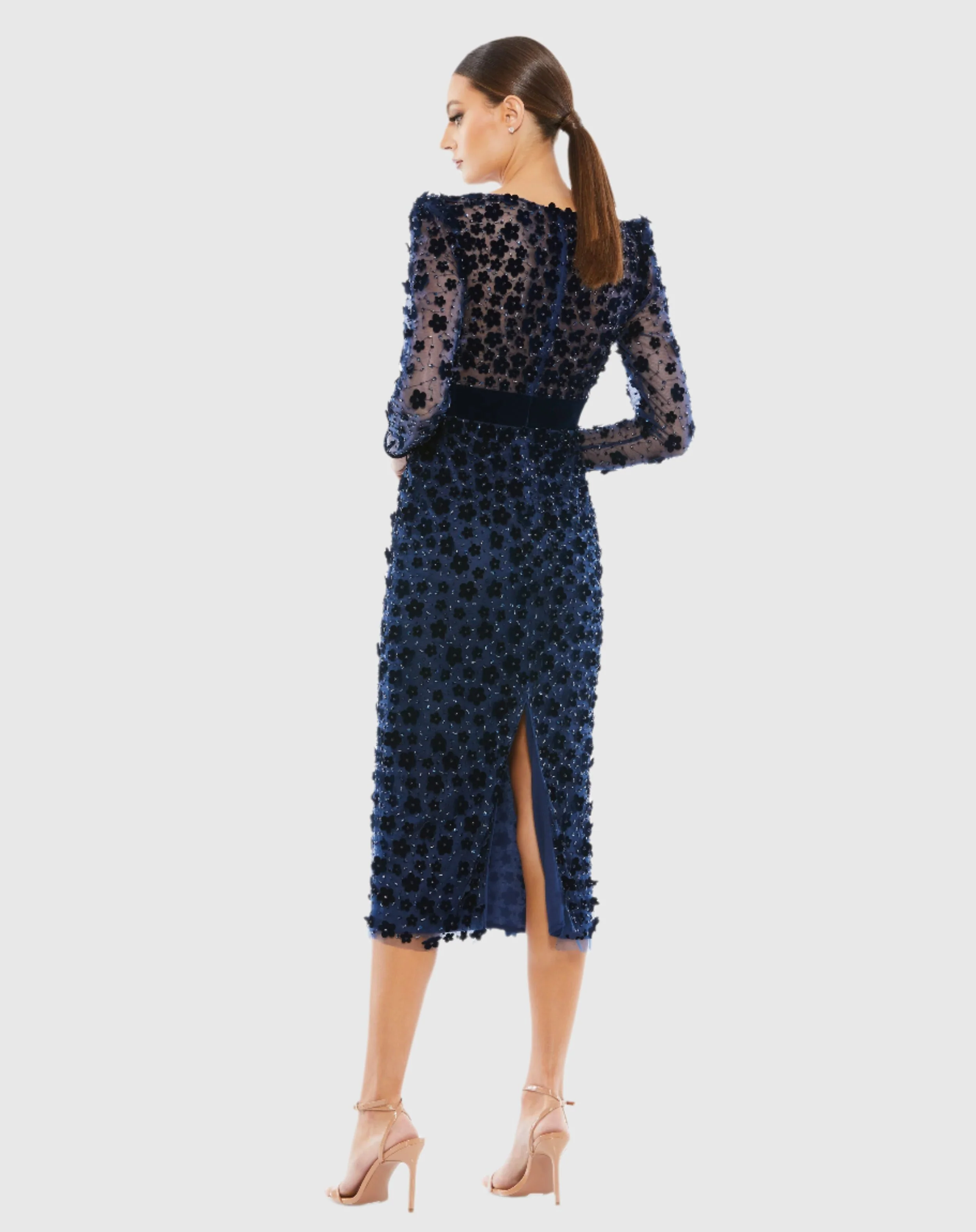 Navy Embellished V Neck Illusion Long Sleeve Column Midi