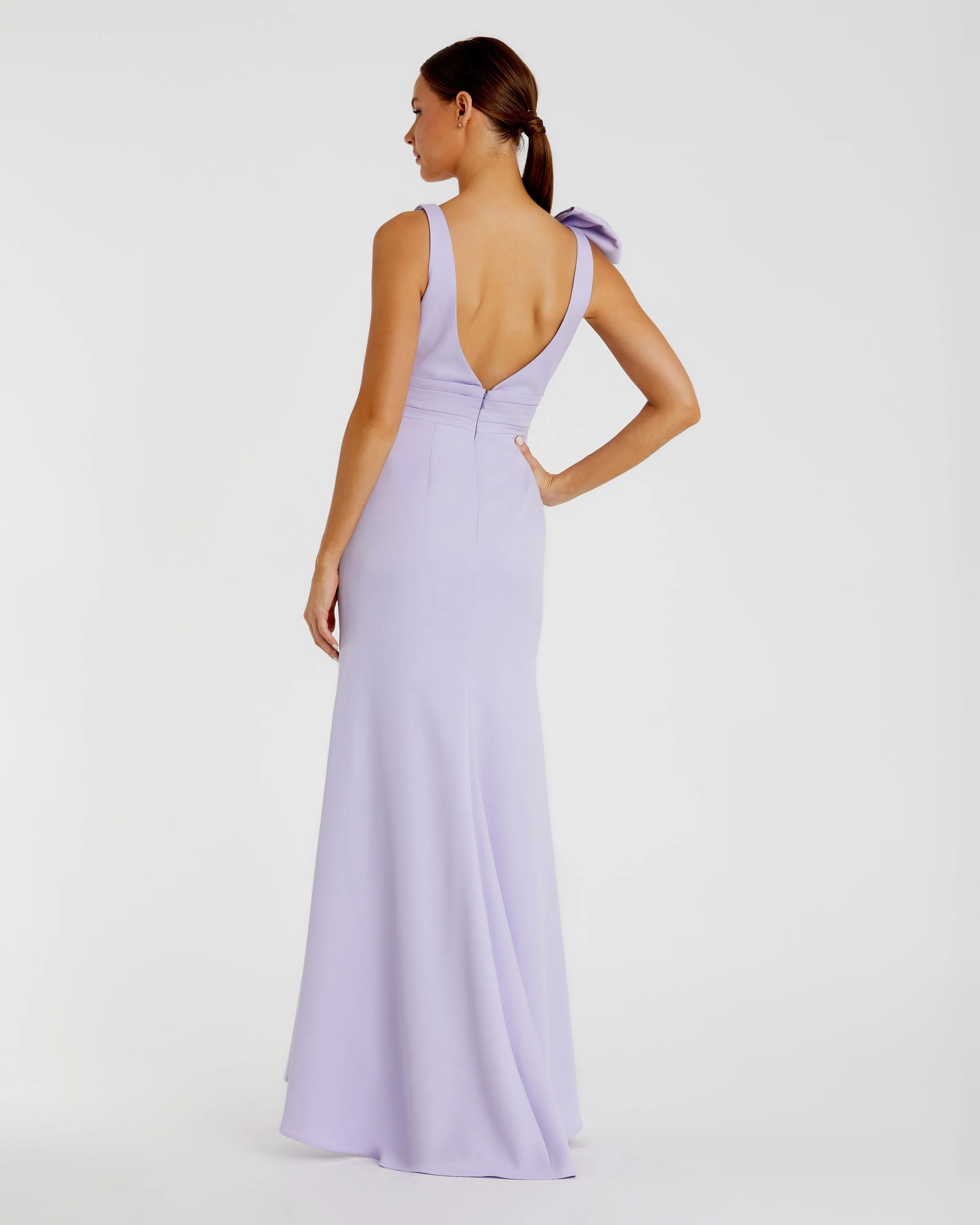 Purple Sleeveless V Neck Bow Detail Mermaid Gown