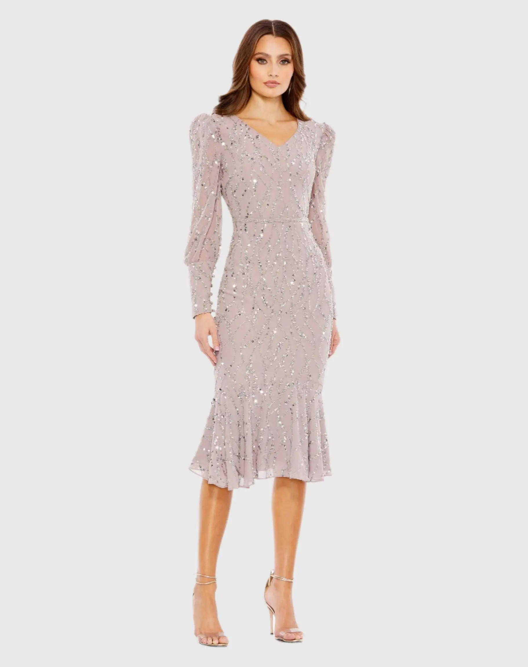 Sequined V Neck Illusion Long Sleeve Trumpet Dress