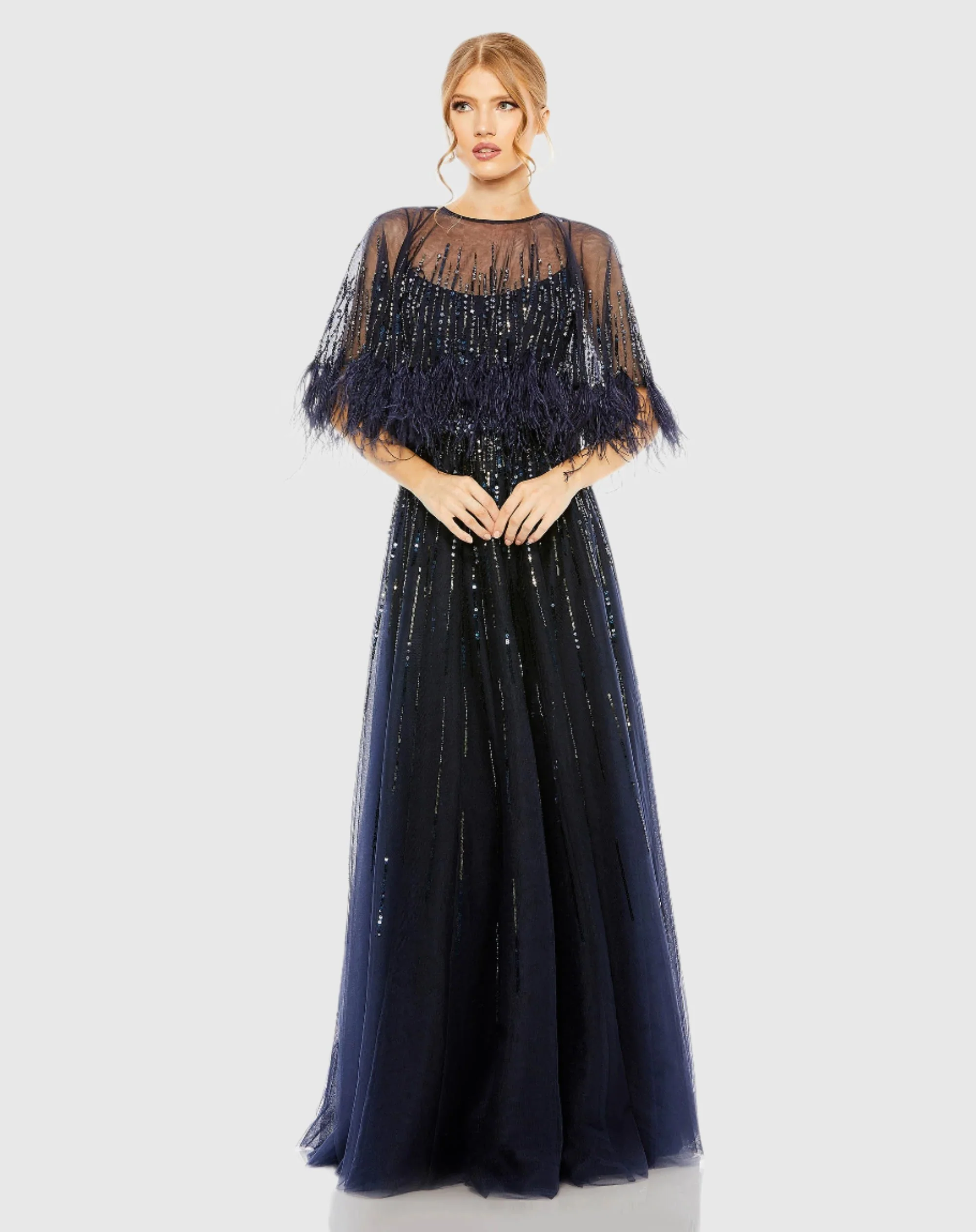 Blue Embellished A Line Dress with Feather Detail Cape