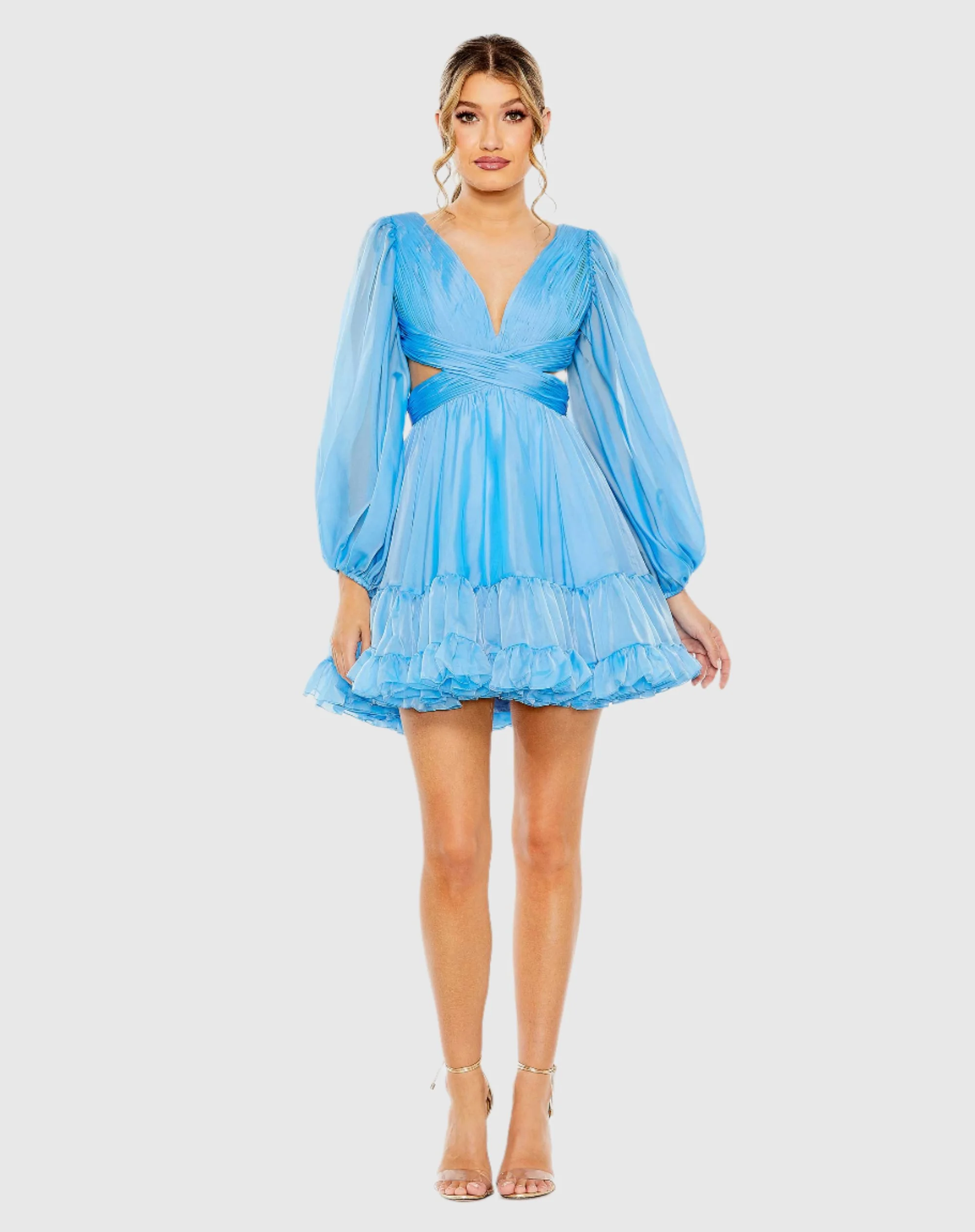 Blue Long Sleeve Chiffon Cut Out Mini Dress