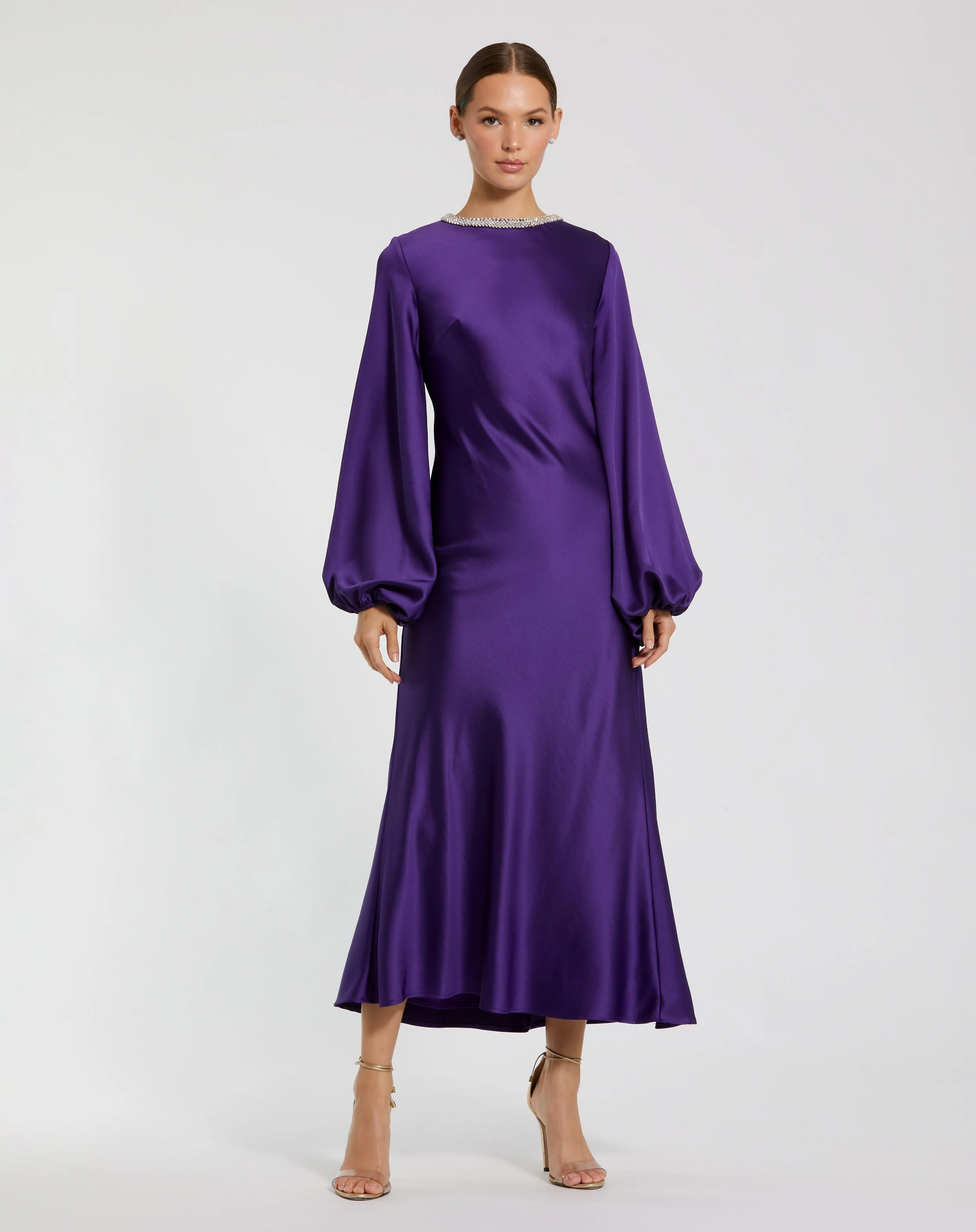 Purple High Neck Long Sleeve Crystal Detail Dress