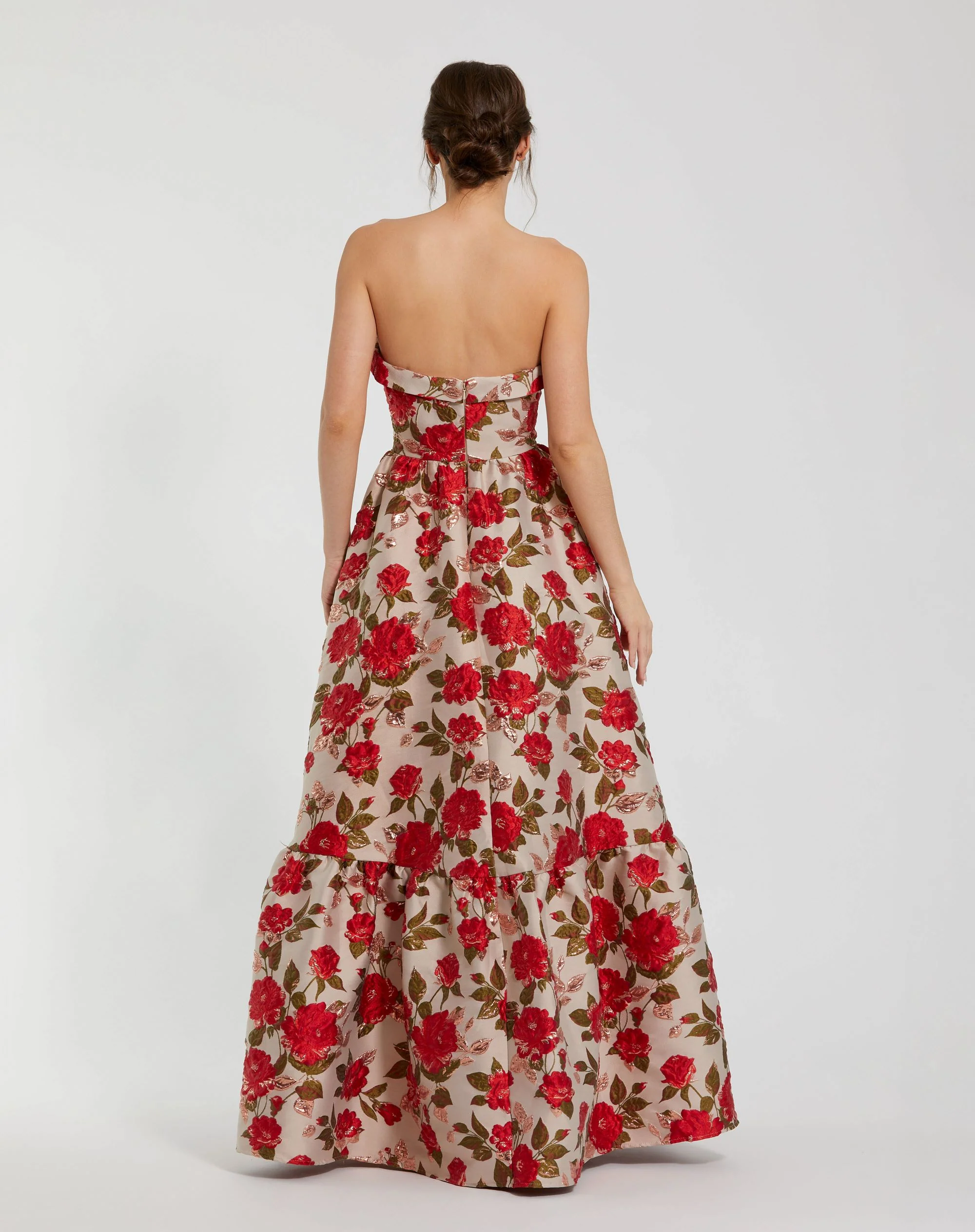 Brocade Strapless Floral Gown With Ruffle Hem