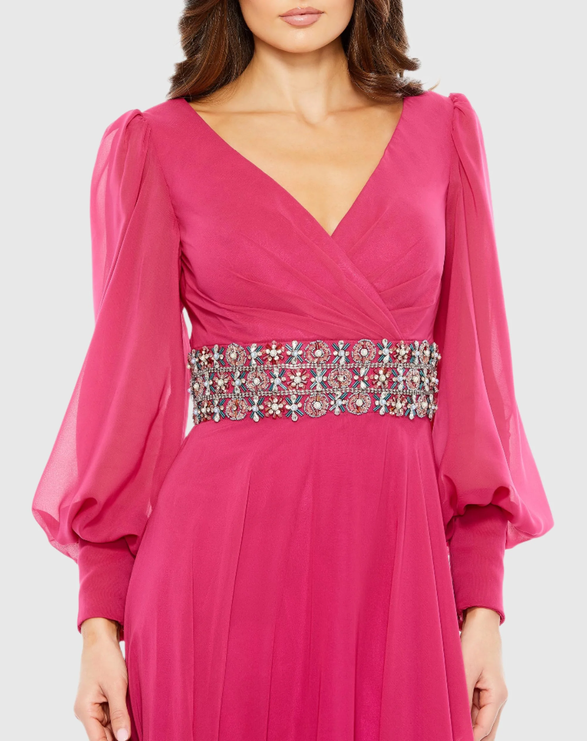 Pink Bishop Sleeve Wrap Over Belt Detail Flowy Gown