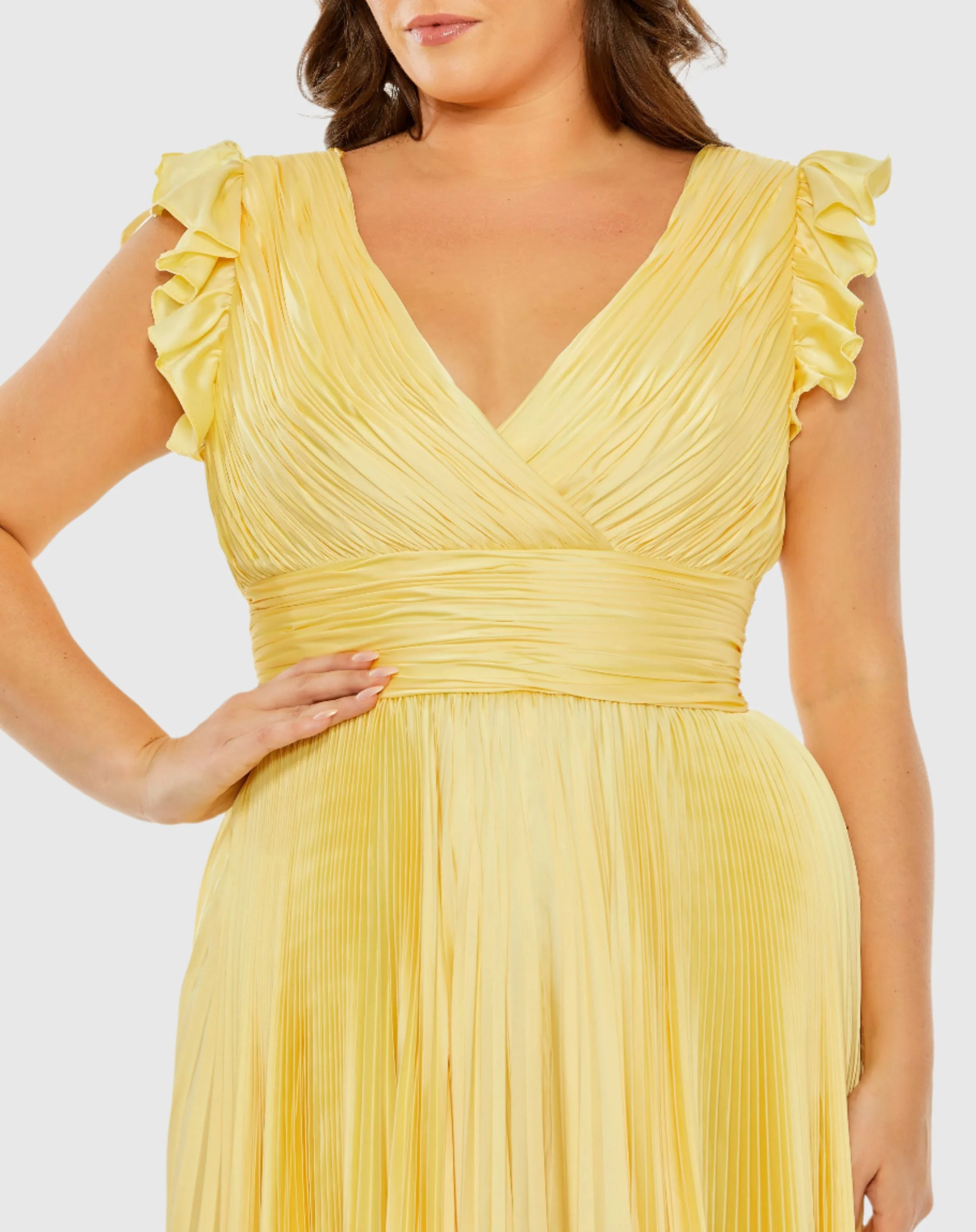 Yellow Flutter Sleeve Pleated V-Neck Gown (Plus)