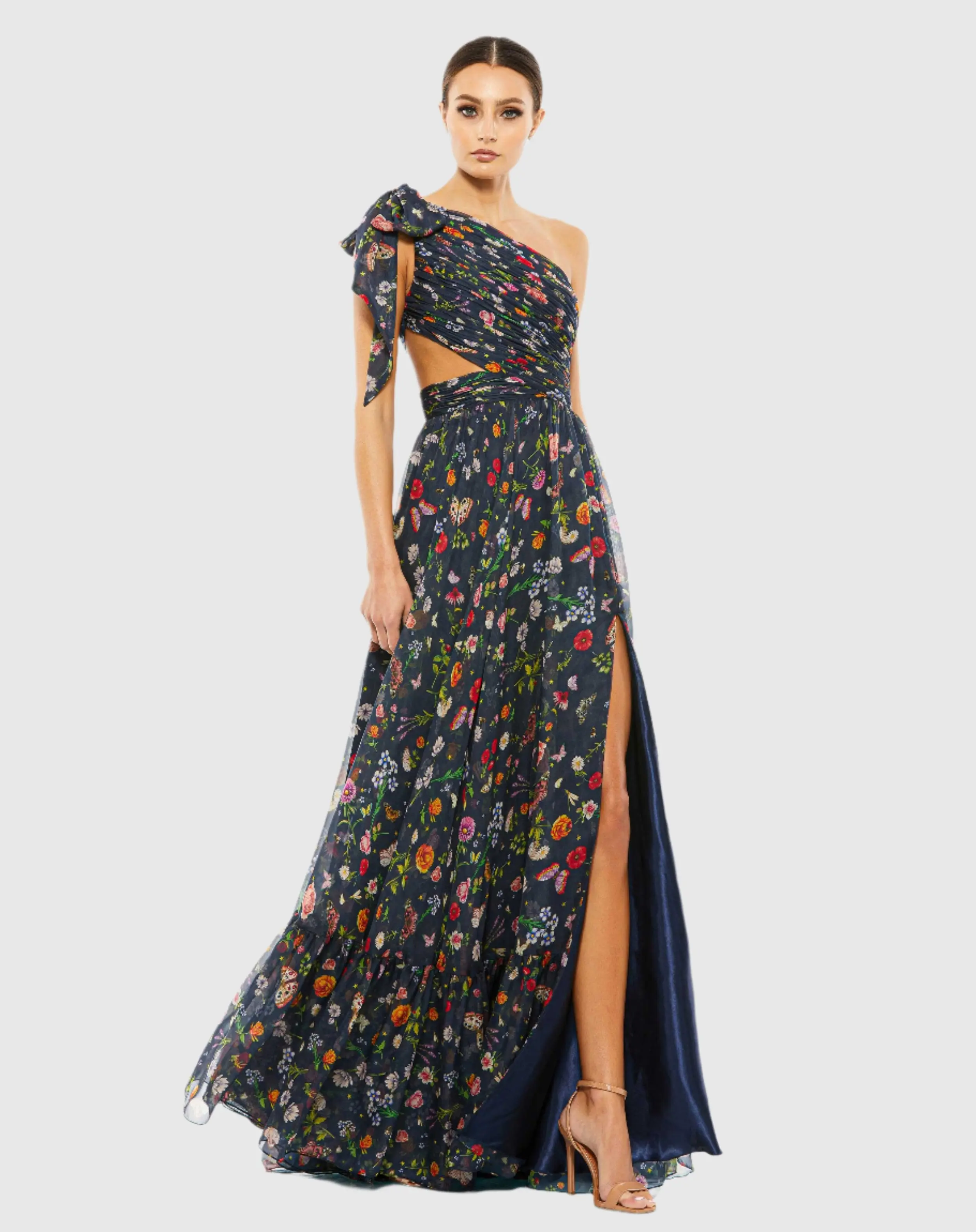 Navy Tied One Shoulder Cut-Out Flowy Gown