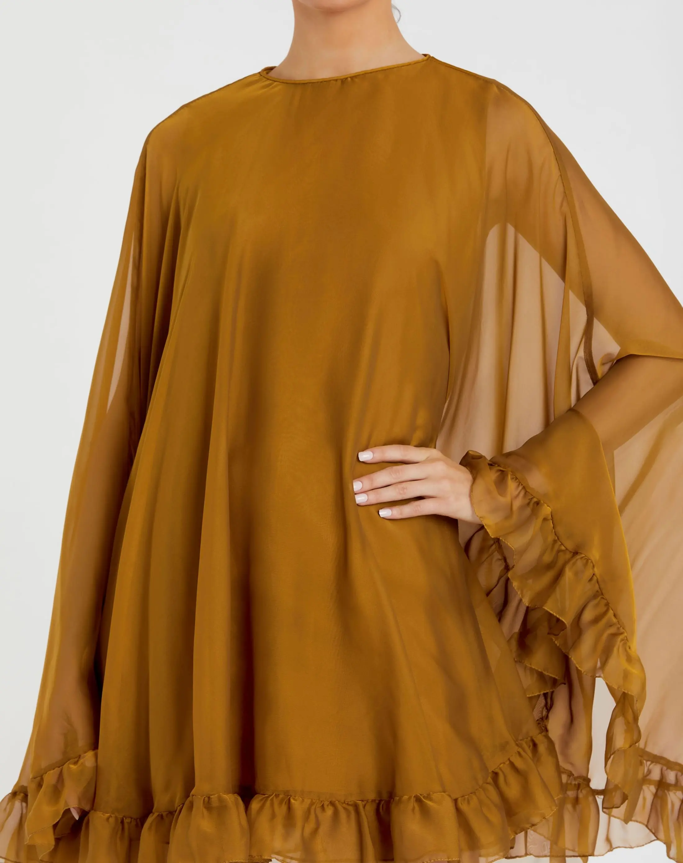 High Neck Ruffle Hem Cape Mini Dress