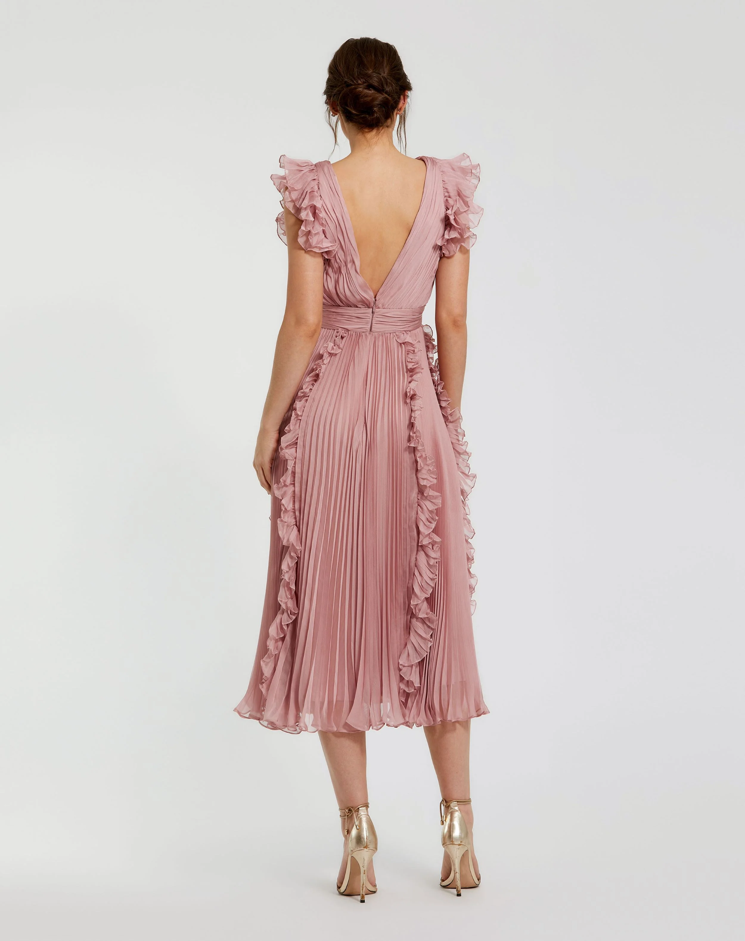 Pink Pleated Chiffon V Neck Ruffle Midi Dress