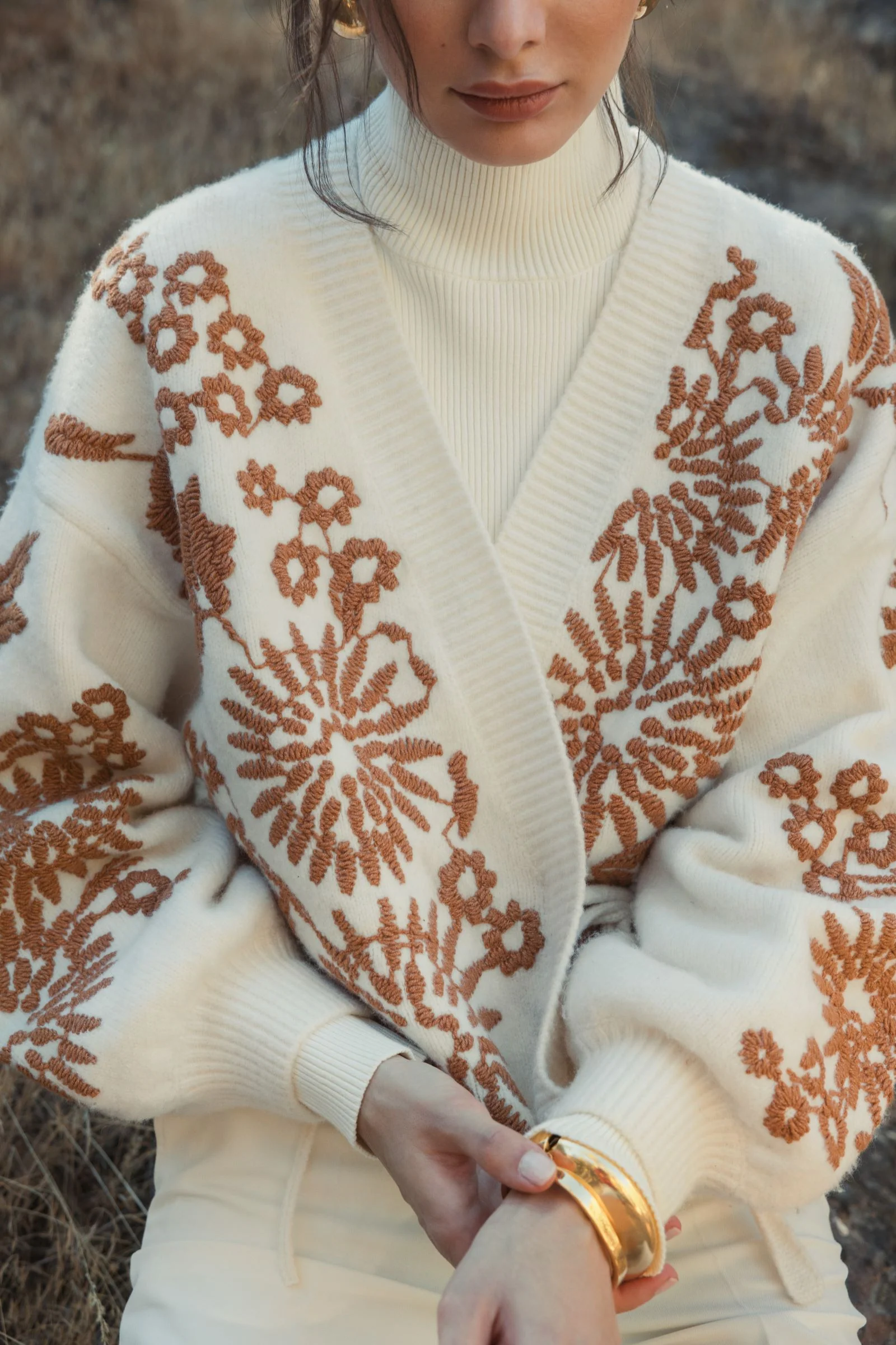 Cropped Knit Cardigan With Floral Details