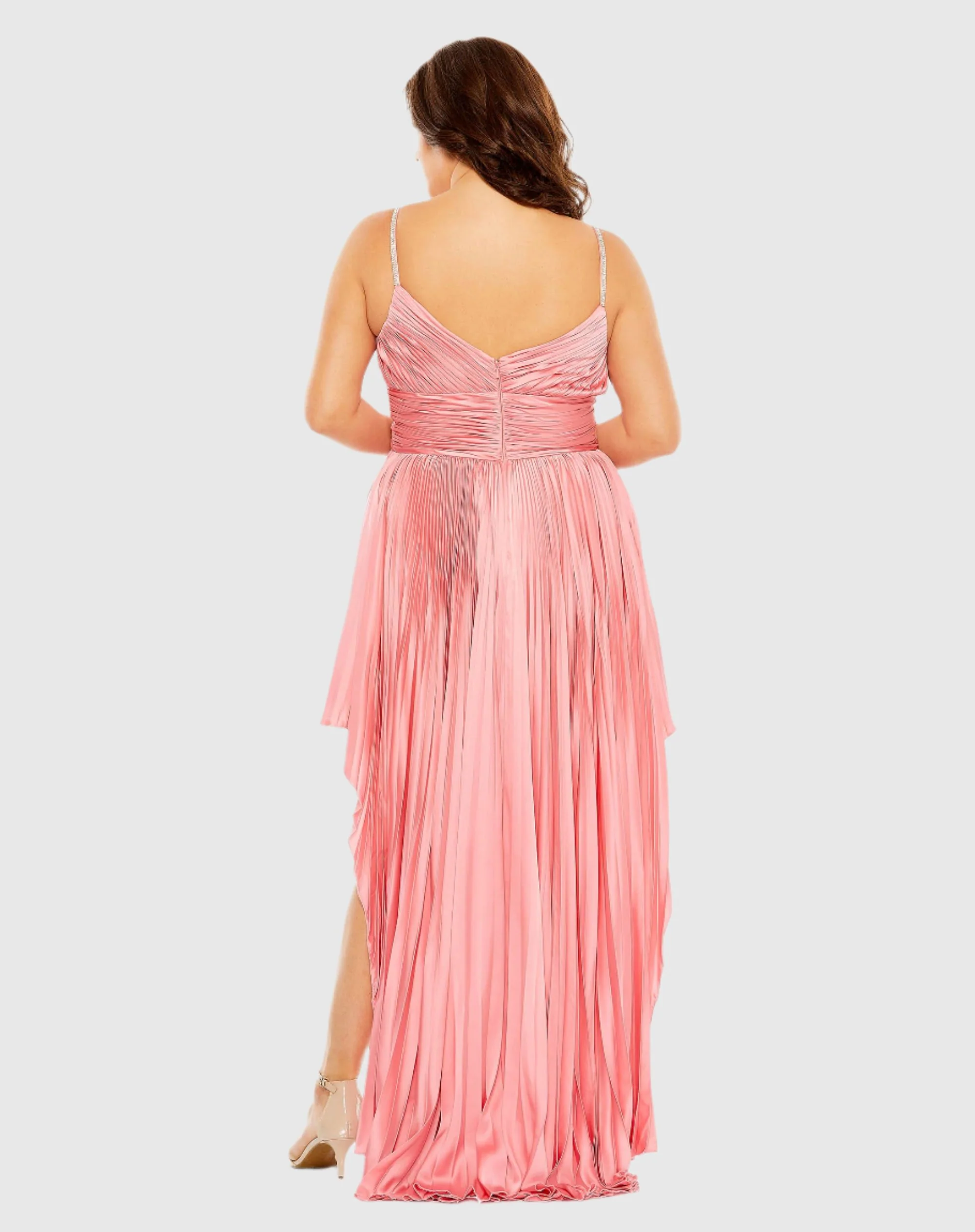 Pink Rhinestone High Low Pleated Gown