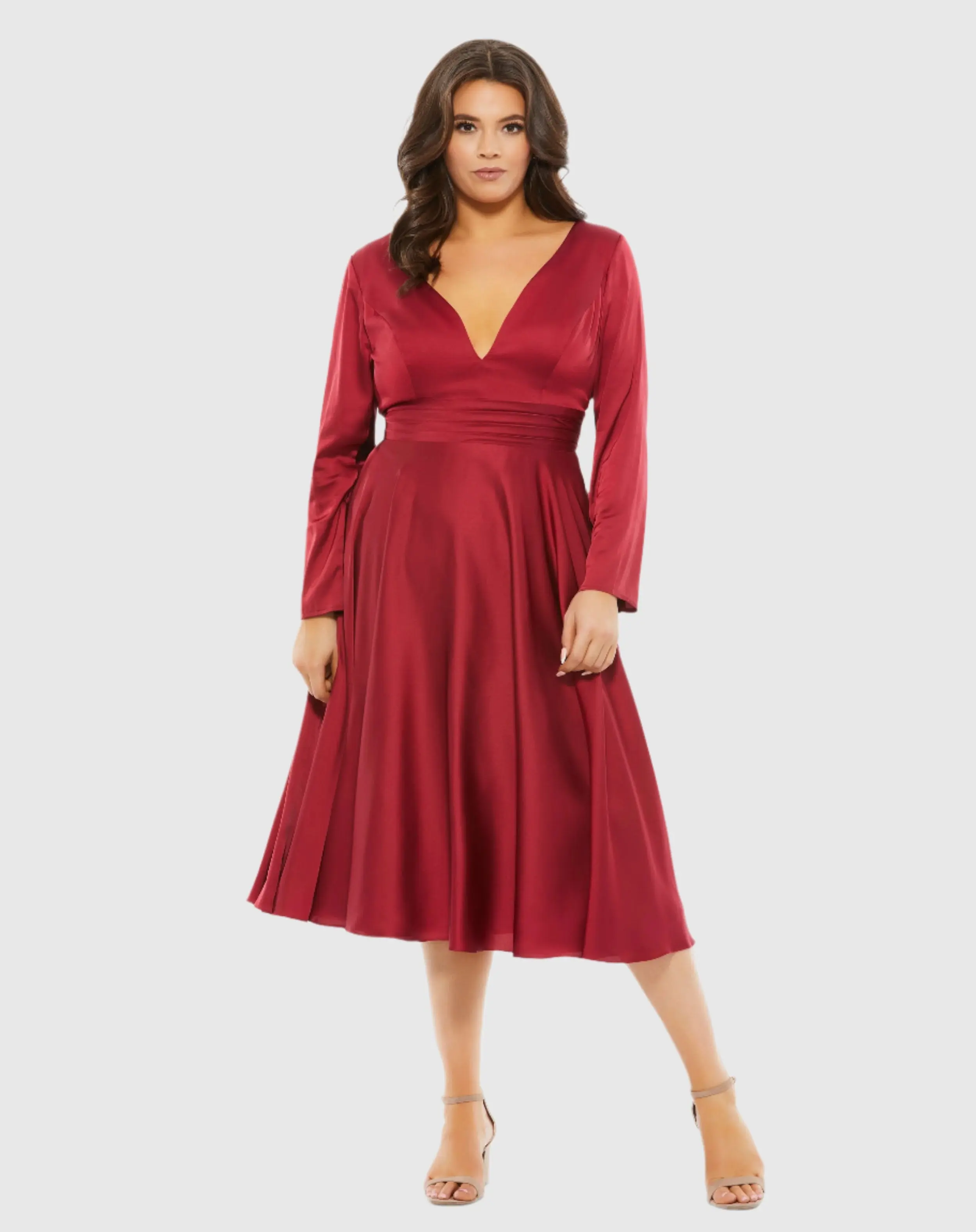 Satin Long Sleeve Sweetheart Flowy Midi Dress (Plus)