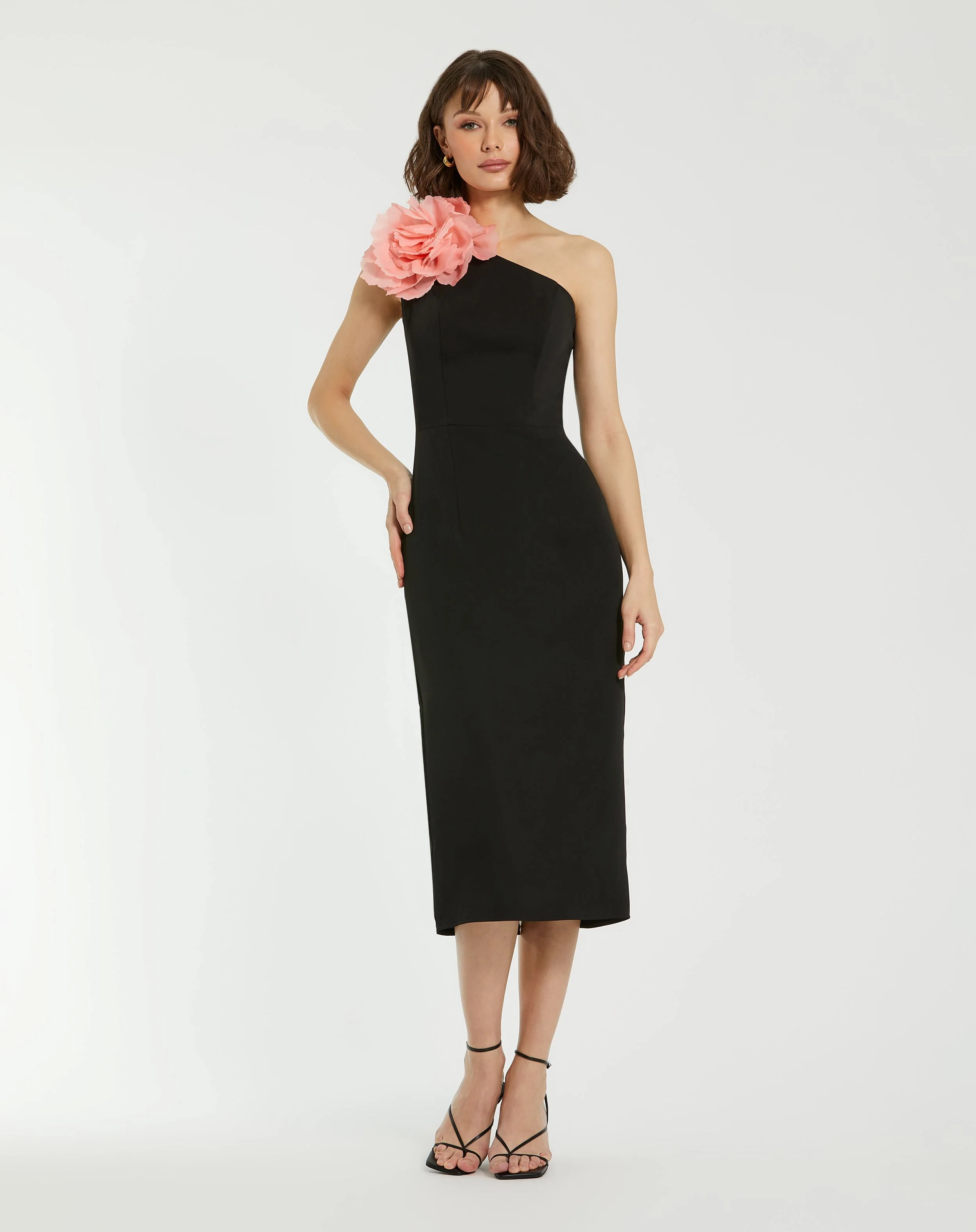 Black Crepe One Shoulder Midi Dress With Flower