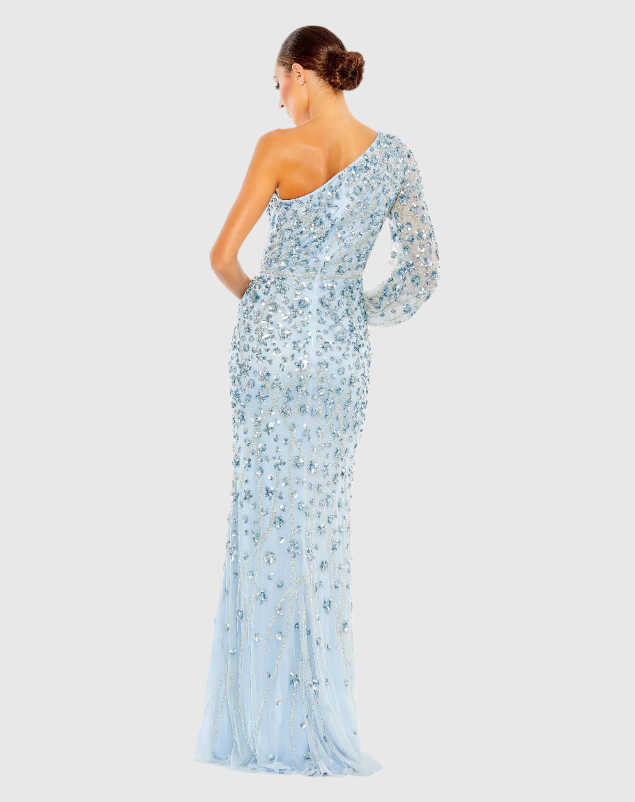 Blue Embellished One Sleeve Faux Wrap Gown