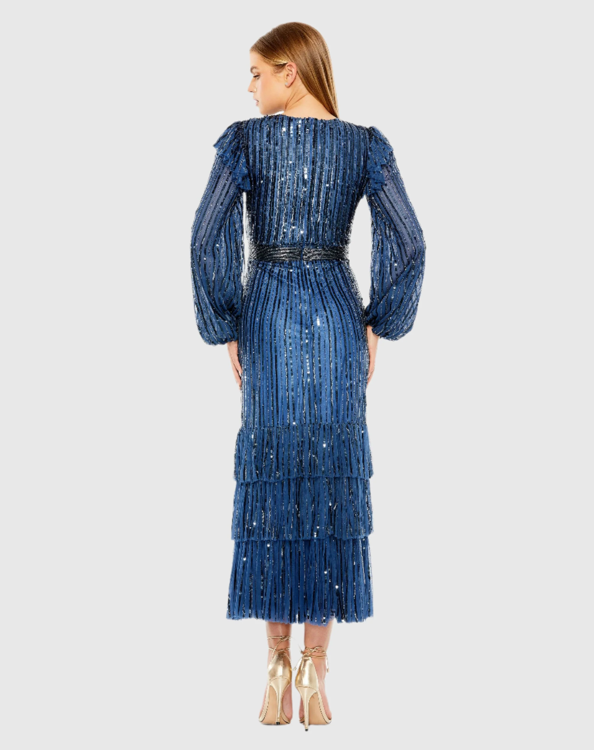 Blue Long Sleeve Ruffle Detail Sequin Dress