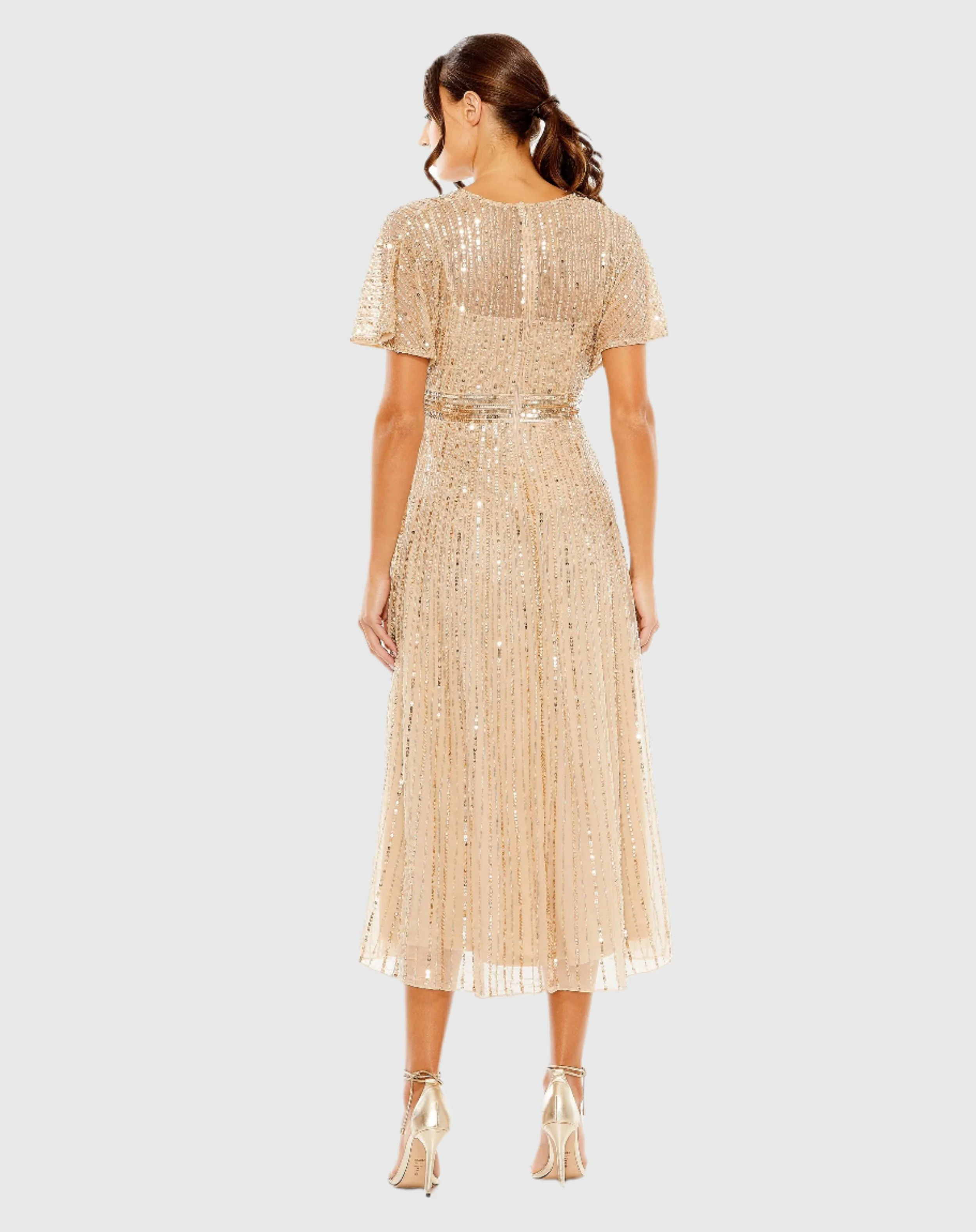 Beige A Line Embellished Short Sleeve Dress
