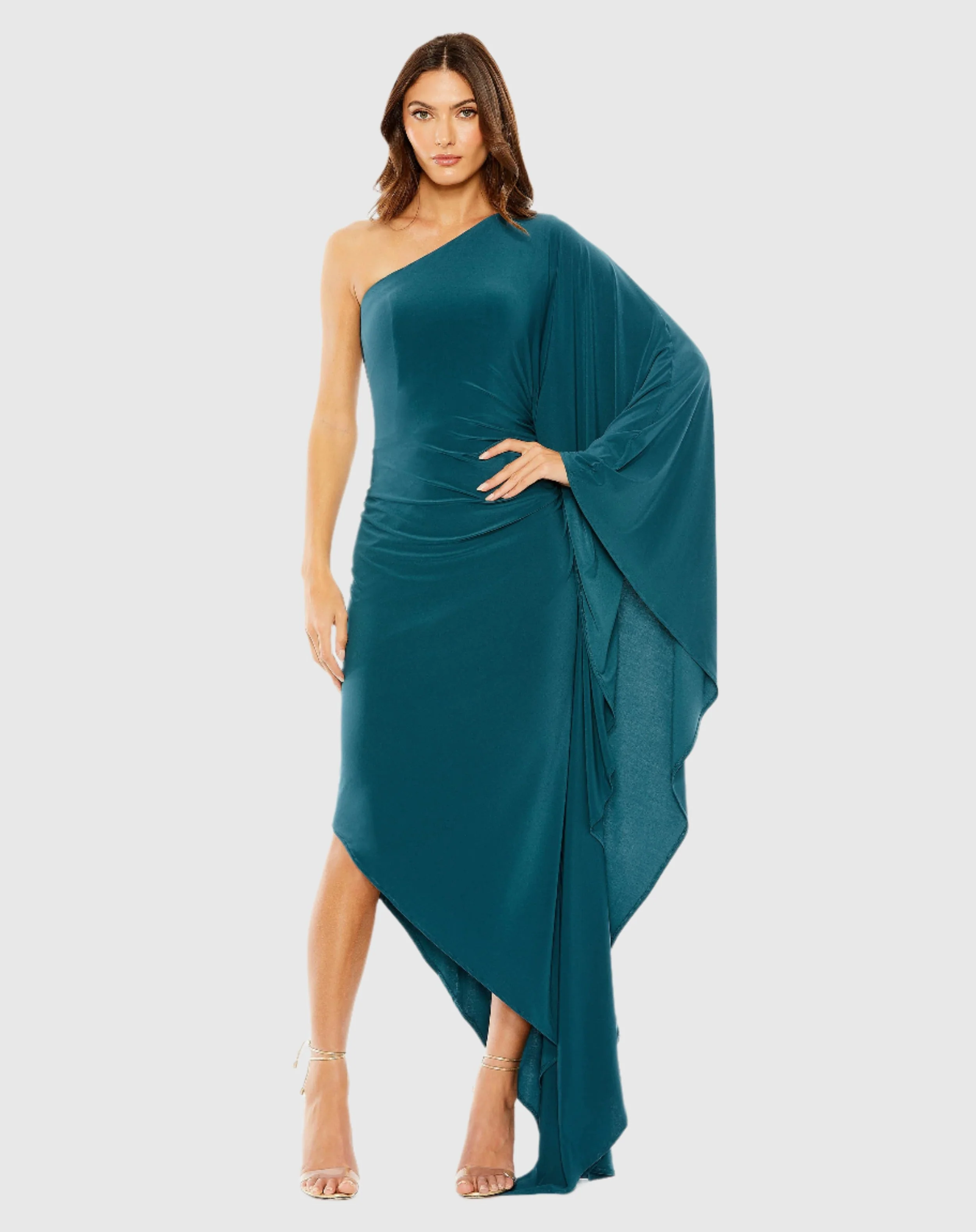 One Shoulder Cape Sleeve Ruched Detail Jersey Gown