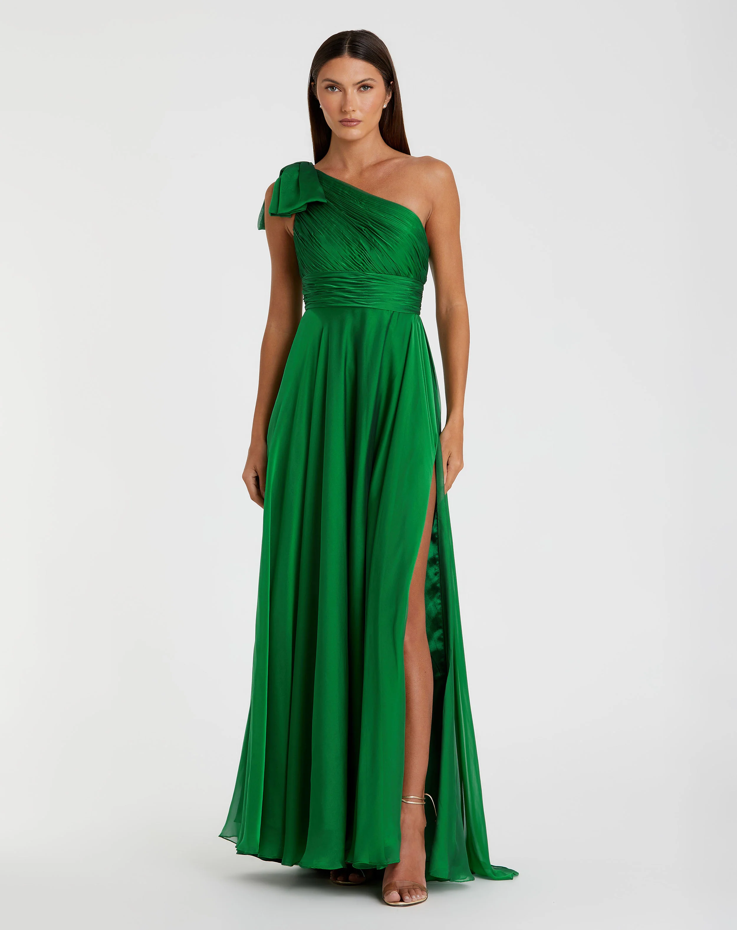 Green Pleated One Shoulder Chiffon Gown