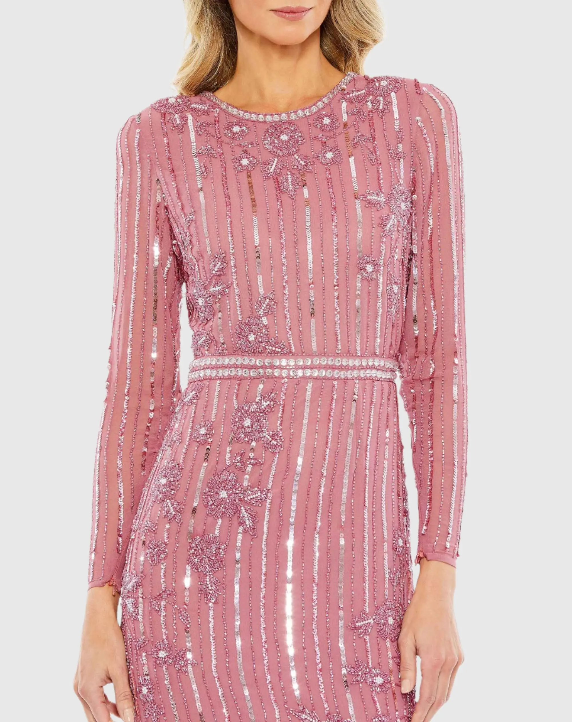 Pink Long Sleeve Embellished Tea Length Dress