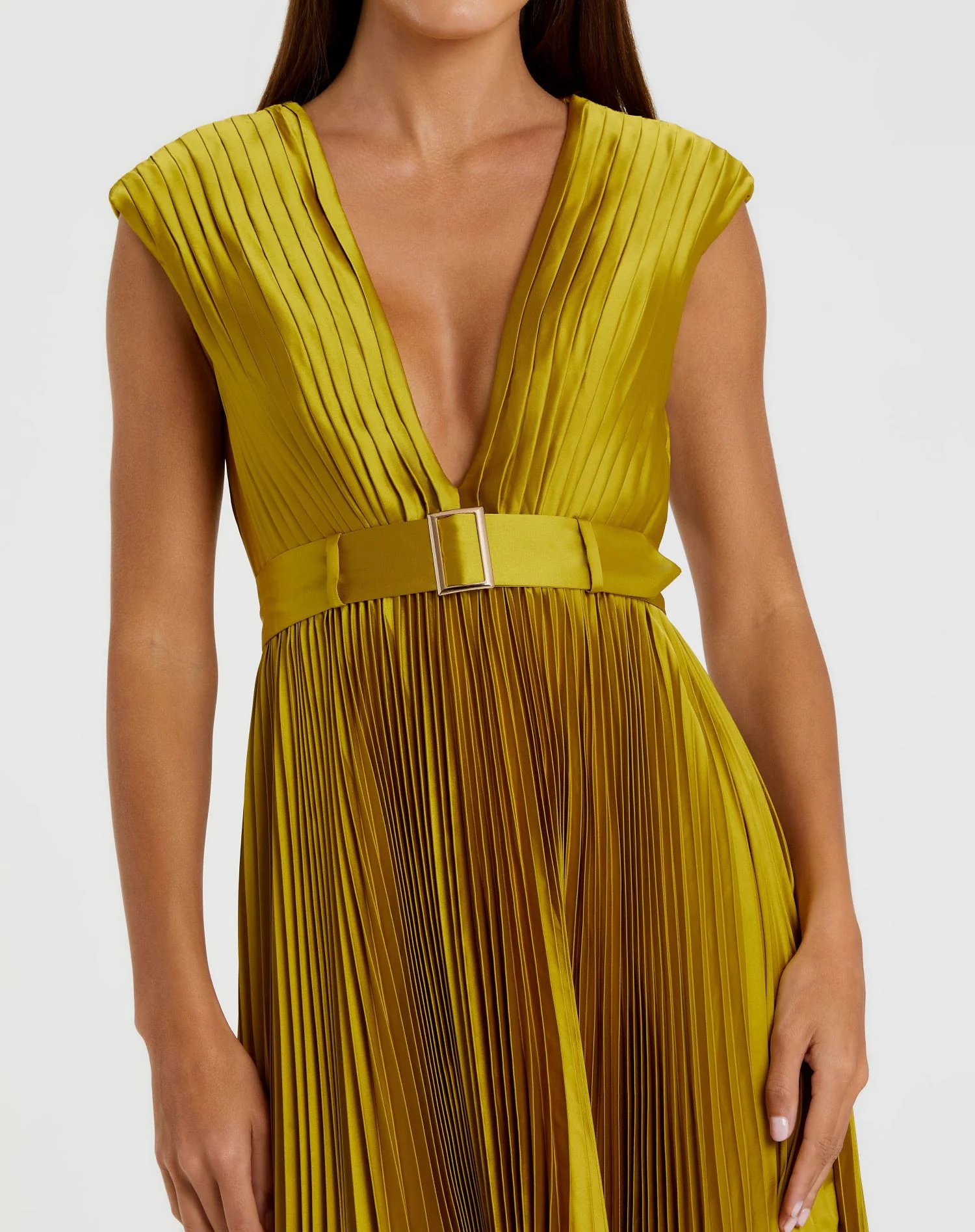 Green Pleated Cap Sleeve Belted A Line Dress