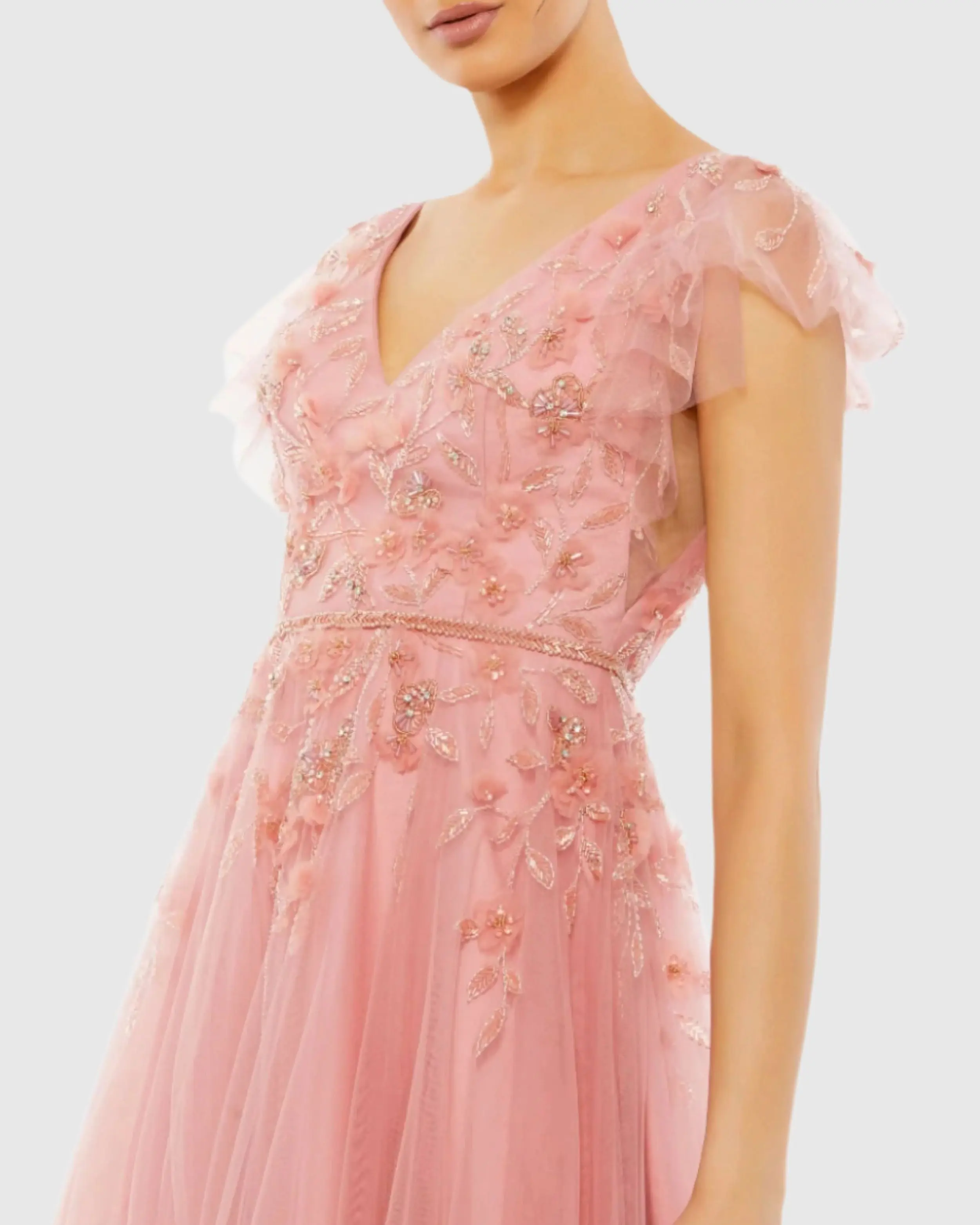 Pink Embellished Cap Sleeve V Neck Gown