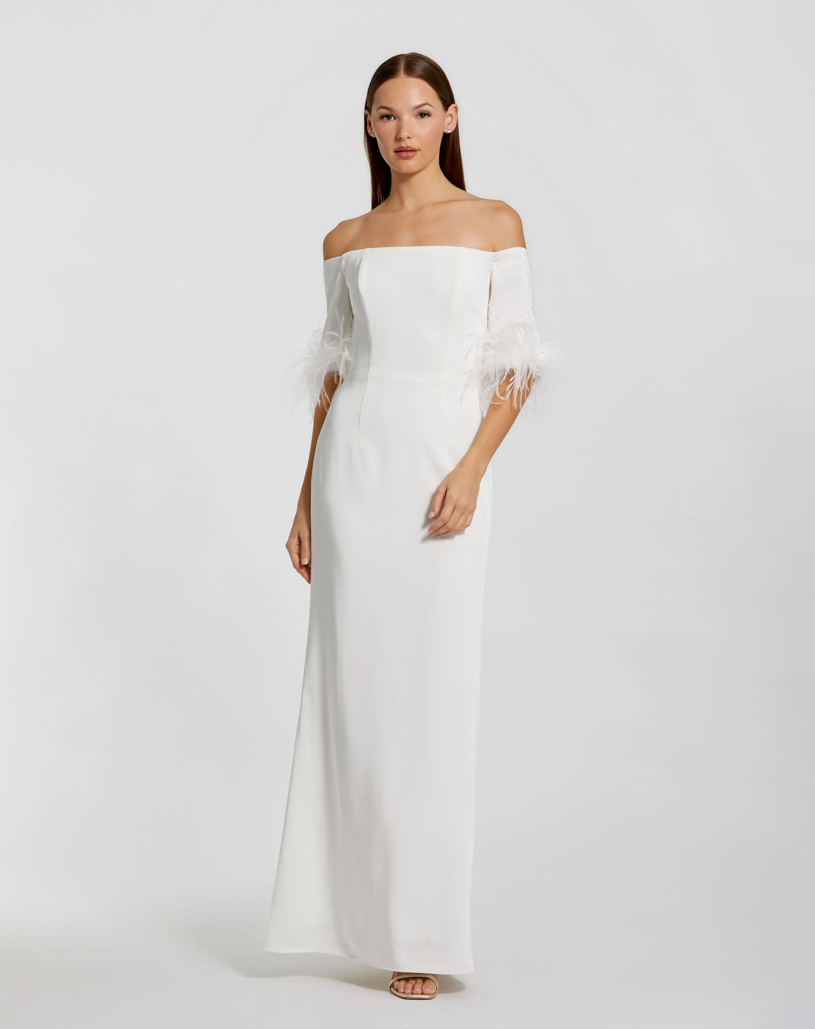White Feather Trim Off The Shoulder Column Gown - FINAL SALE