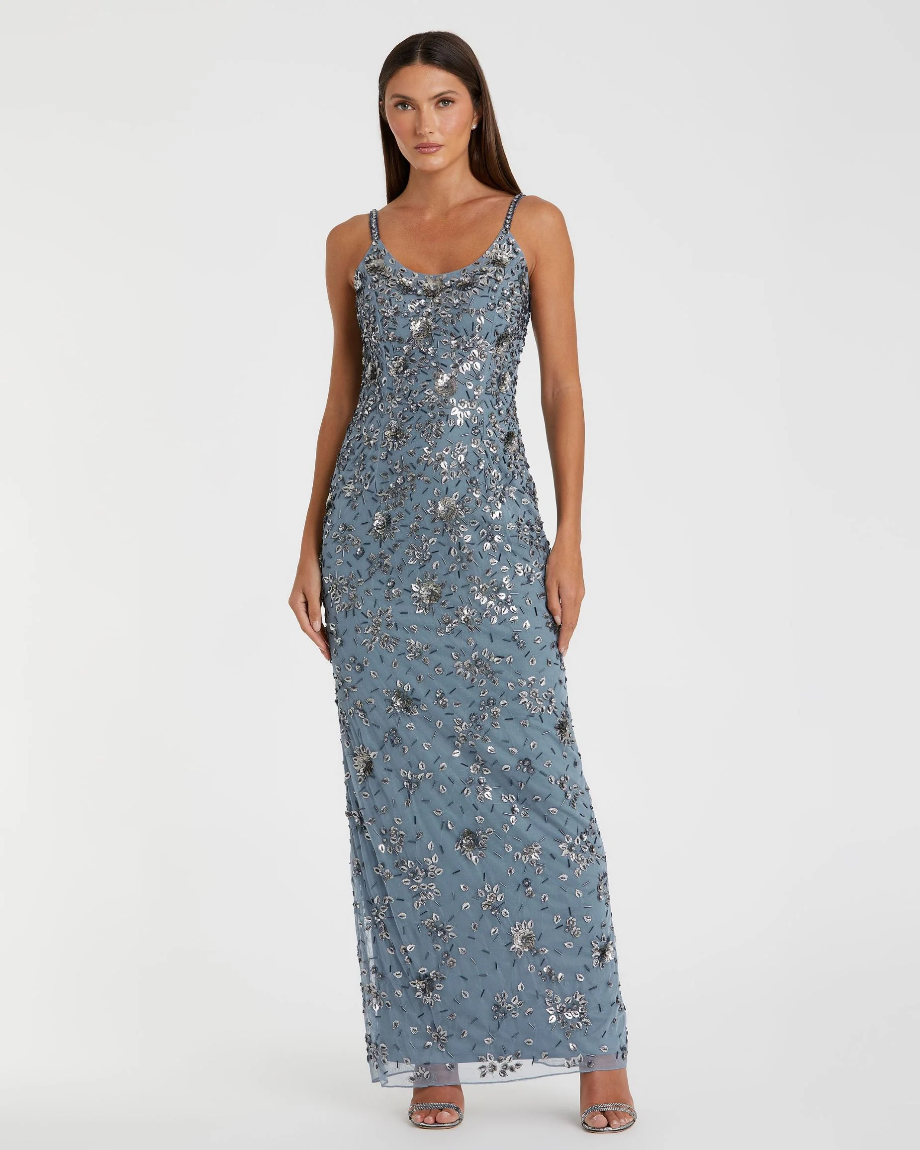 Blue Floral Embellished Scoop Neck Evening Gown