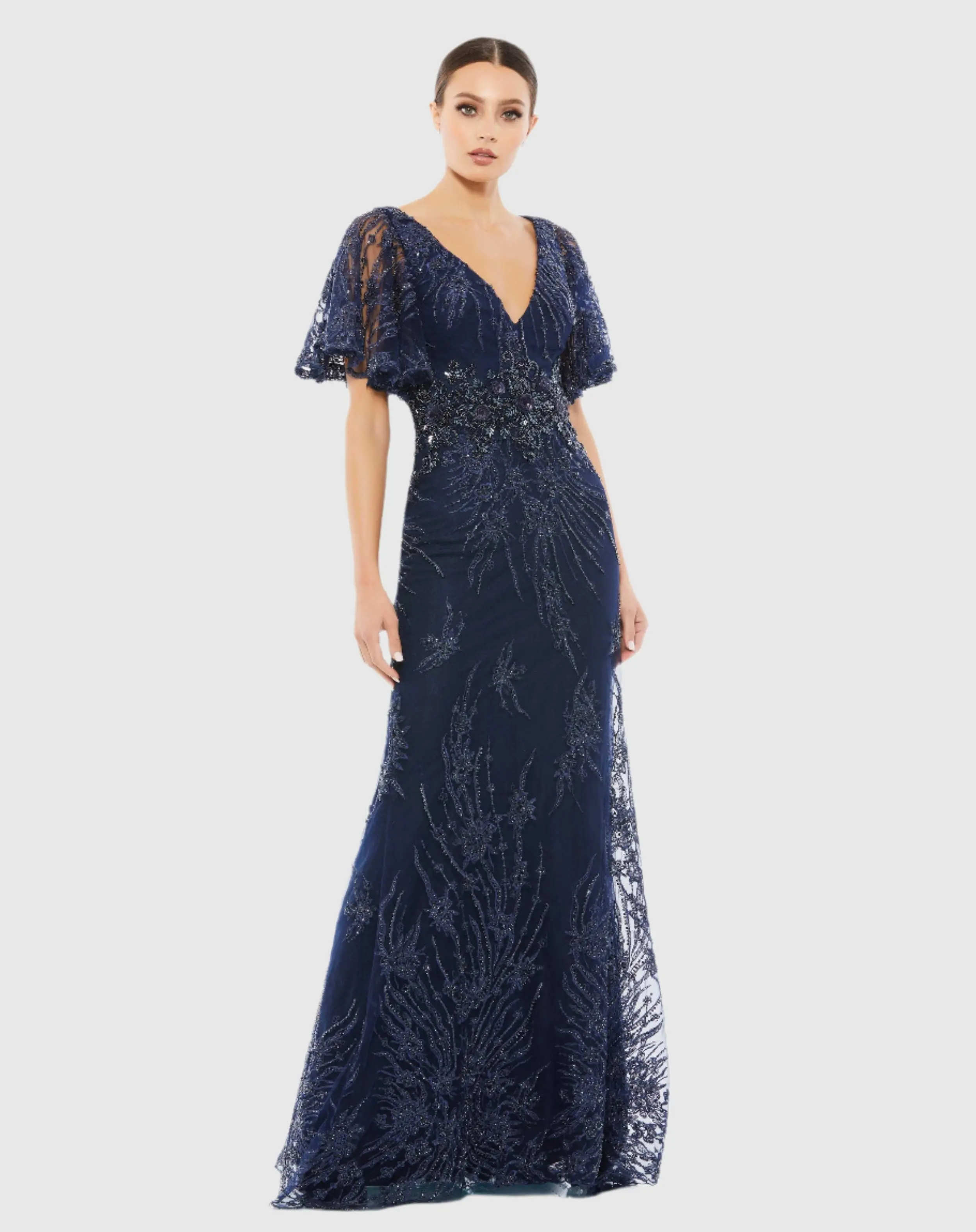 Navy Vintage Flutter Sleeve Evening Gown