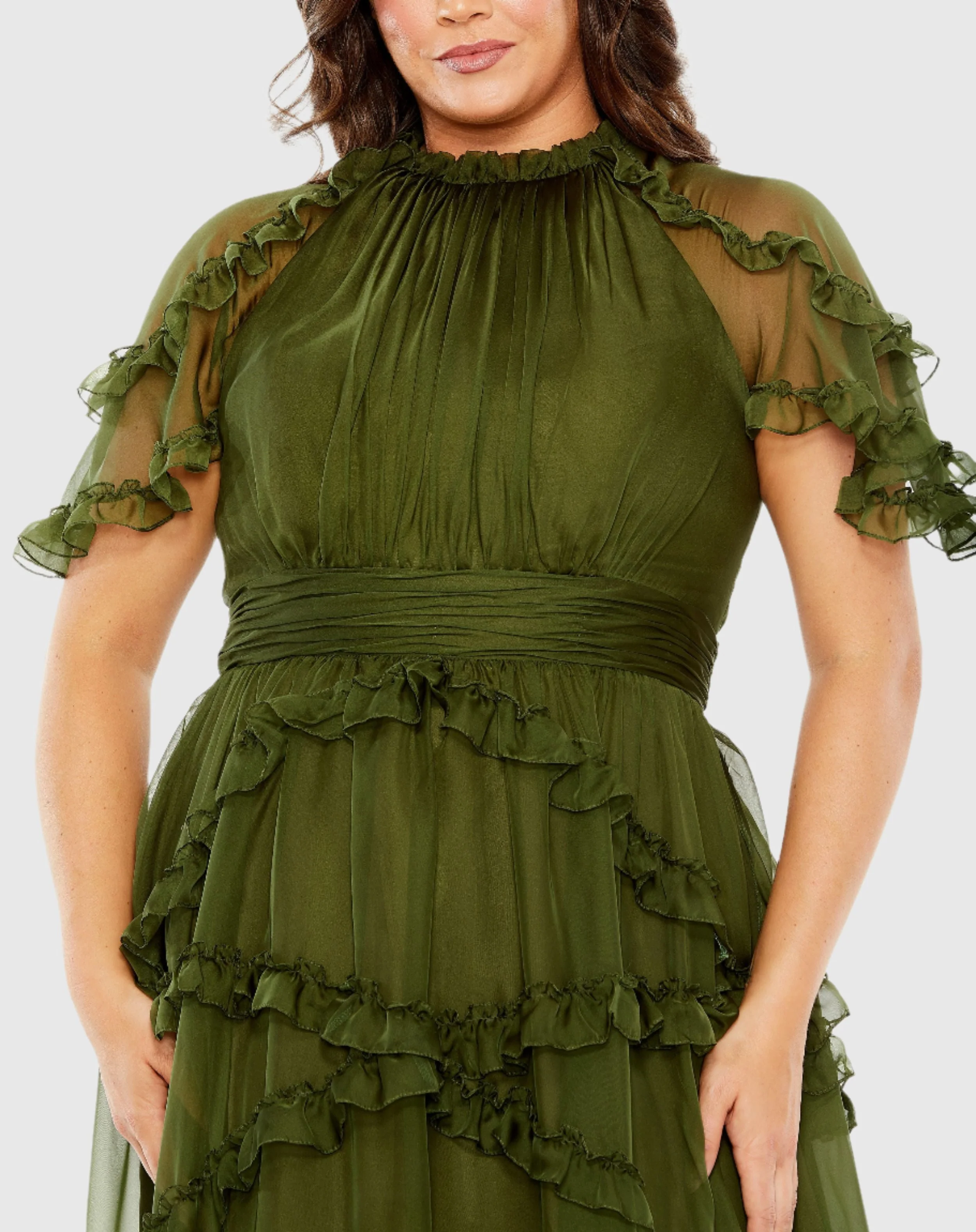Green High Neck Ruffle Tiered Flutter Sleeve Gown