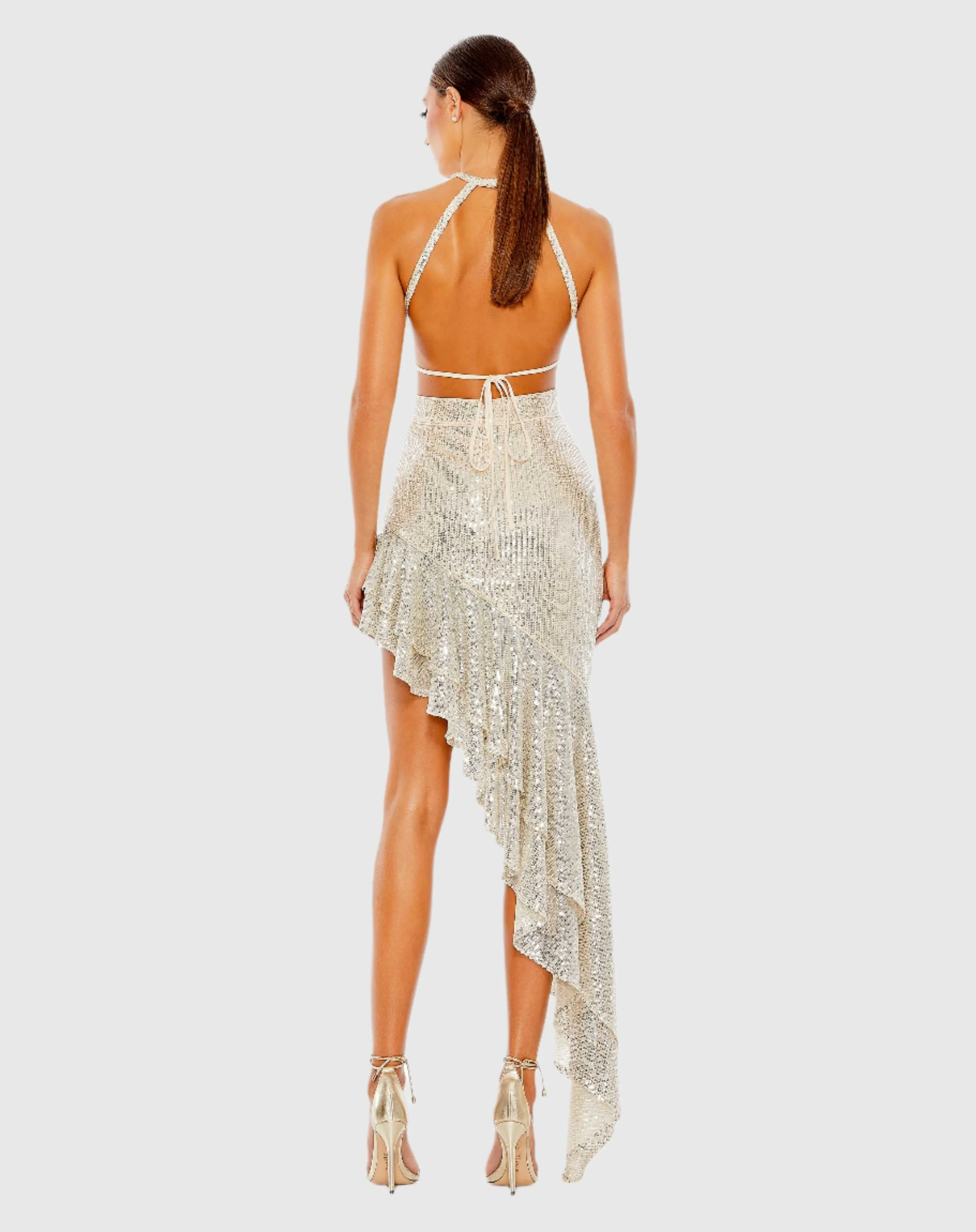 Silver Sequined Halter Cut Out Ruffle Asymmetrical Dress