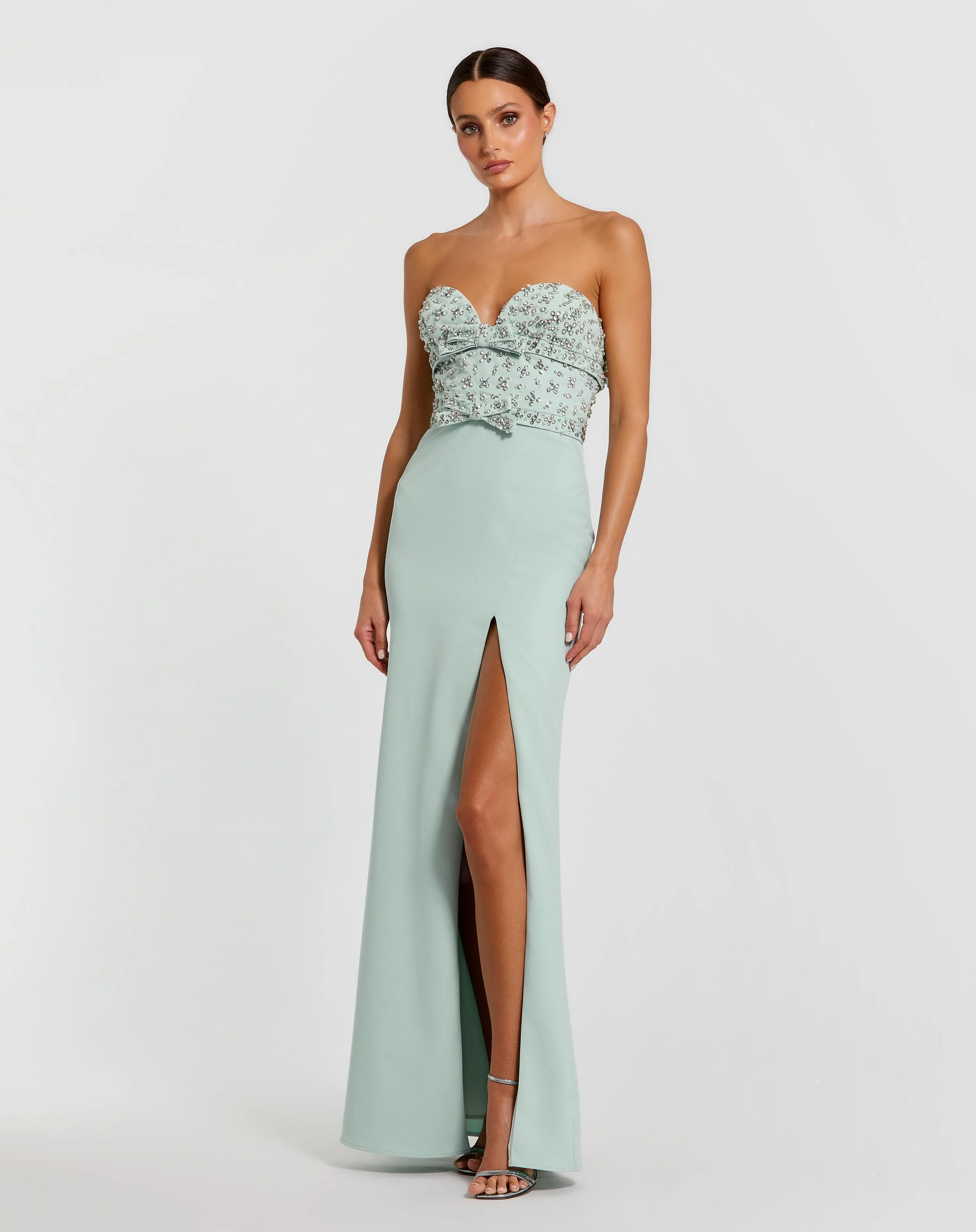 Green Strapless Crepe Fitted Gown With Rhinestones