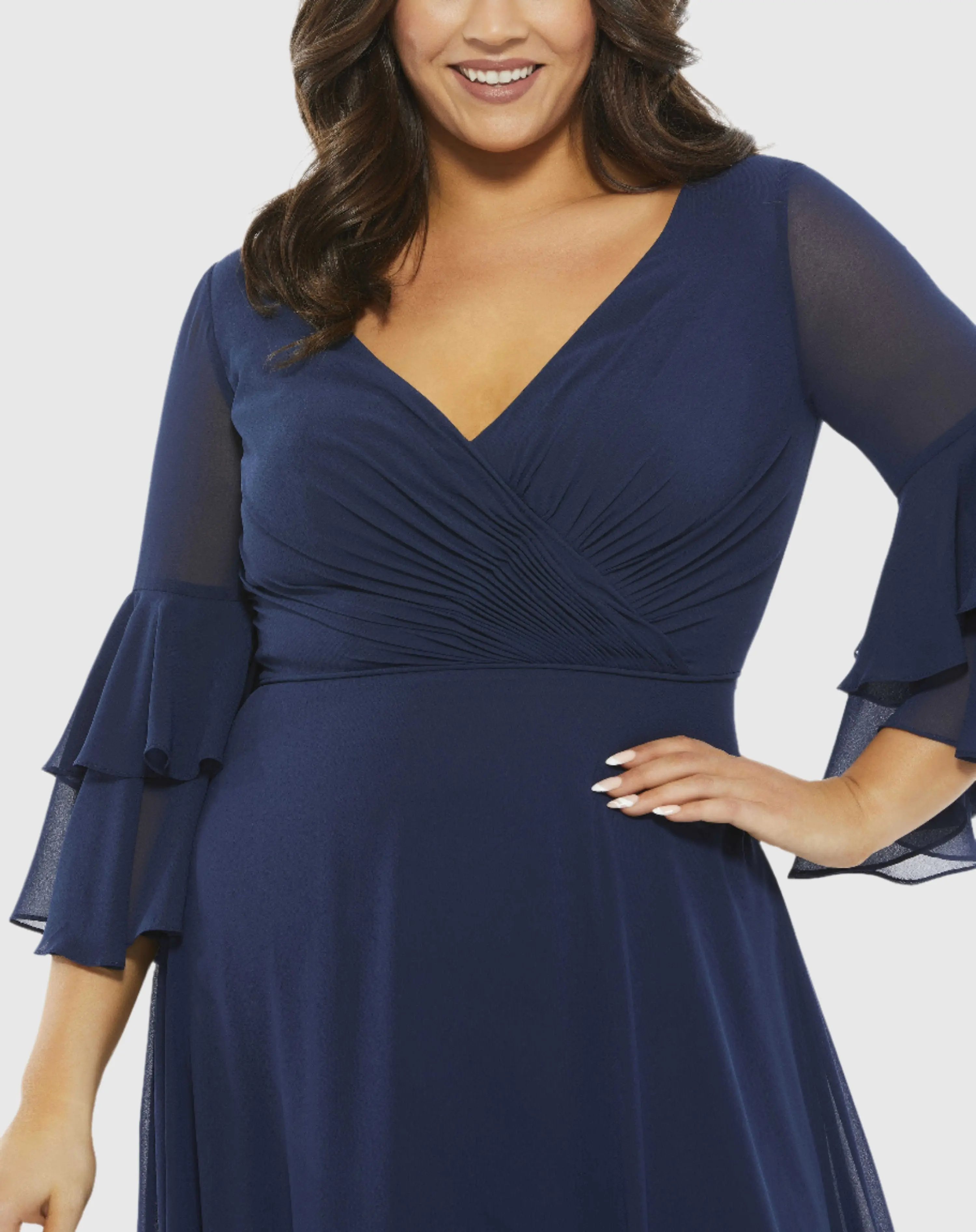 Pleated Bell Sleeve Chiffon Gown (Plus)