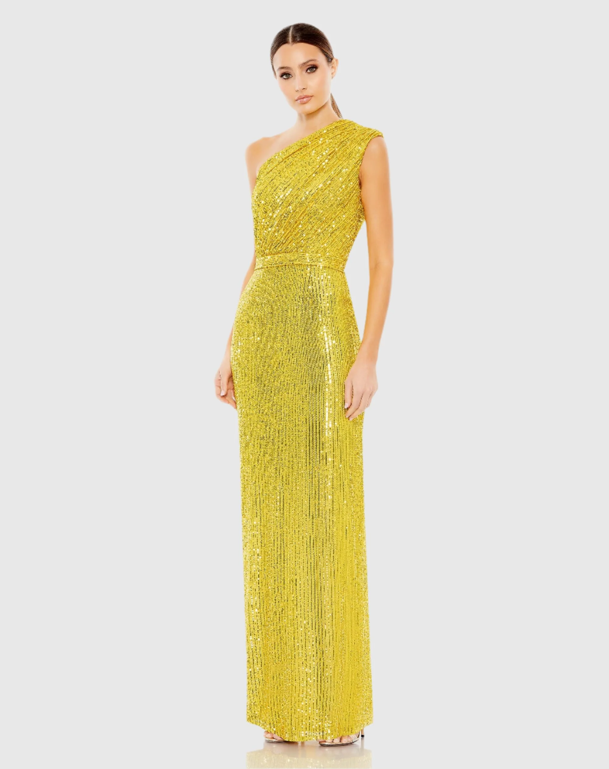 Yellow Sequined Ruched One Shoulder Gown - FINAL SALE