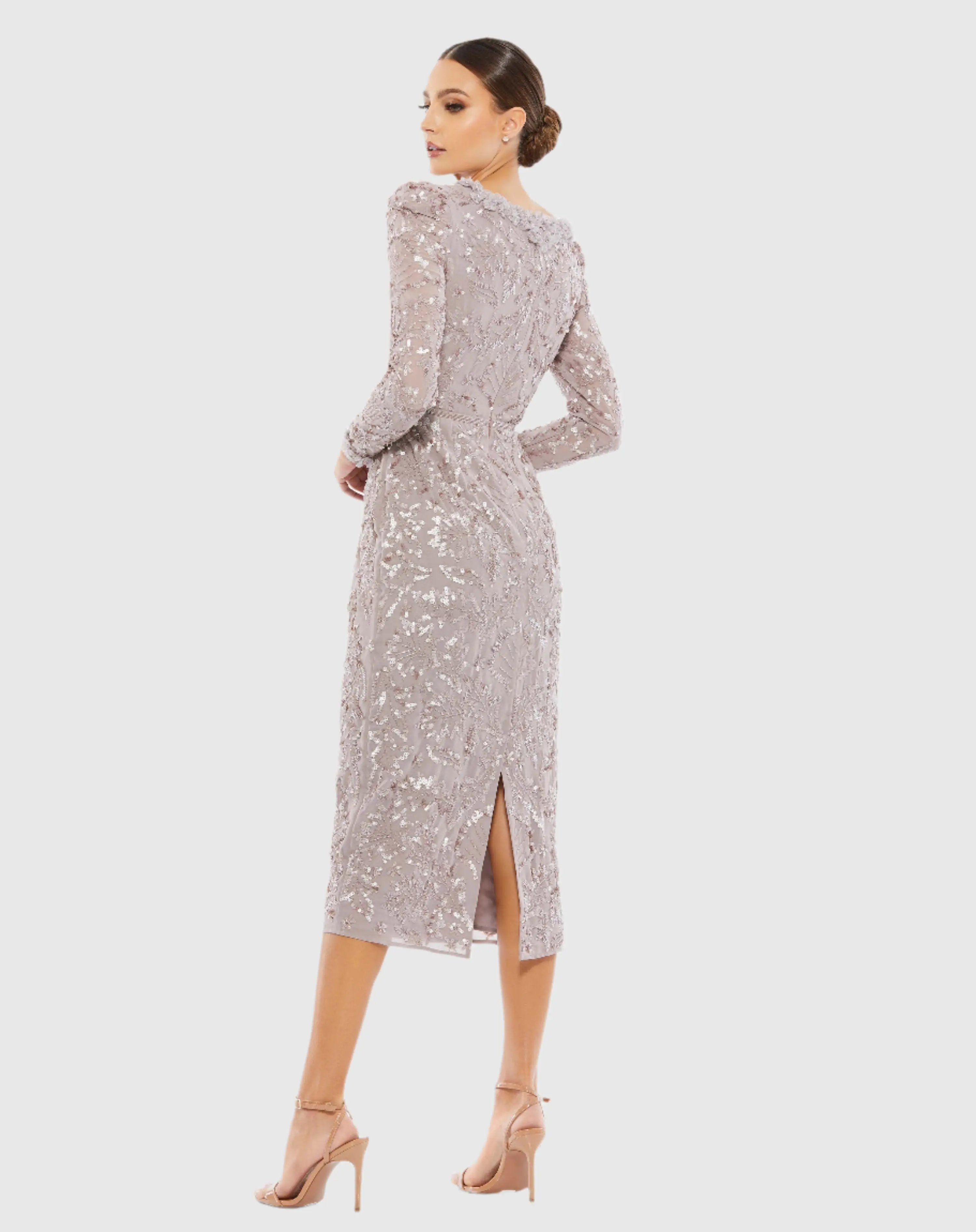 Light Purple Embellished High Neck Puff Sleeve Fitted Dress