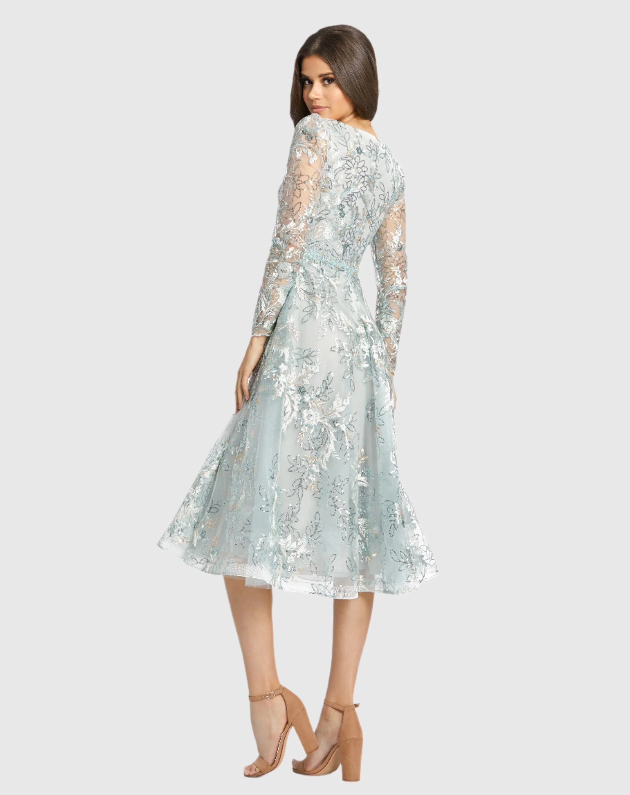 Embellished Illusion Long Sleeve A Line Dress