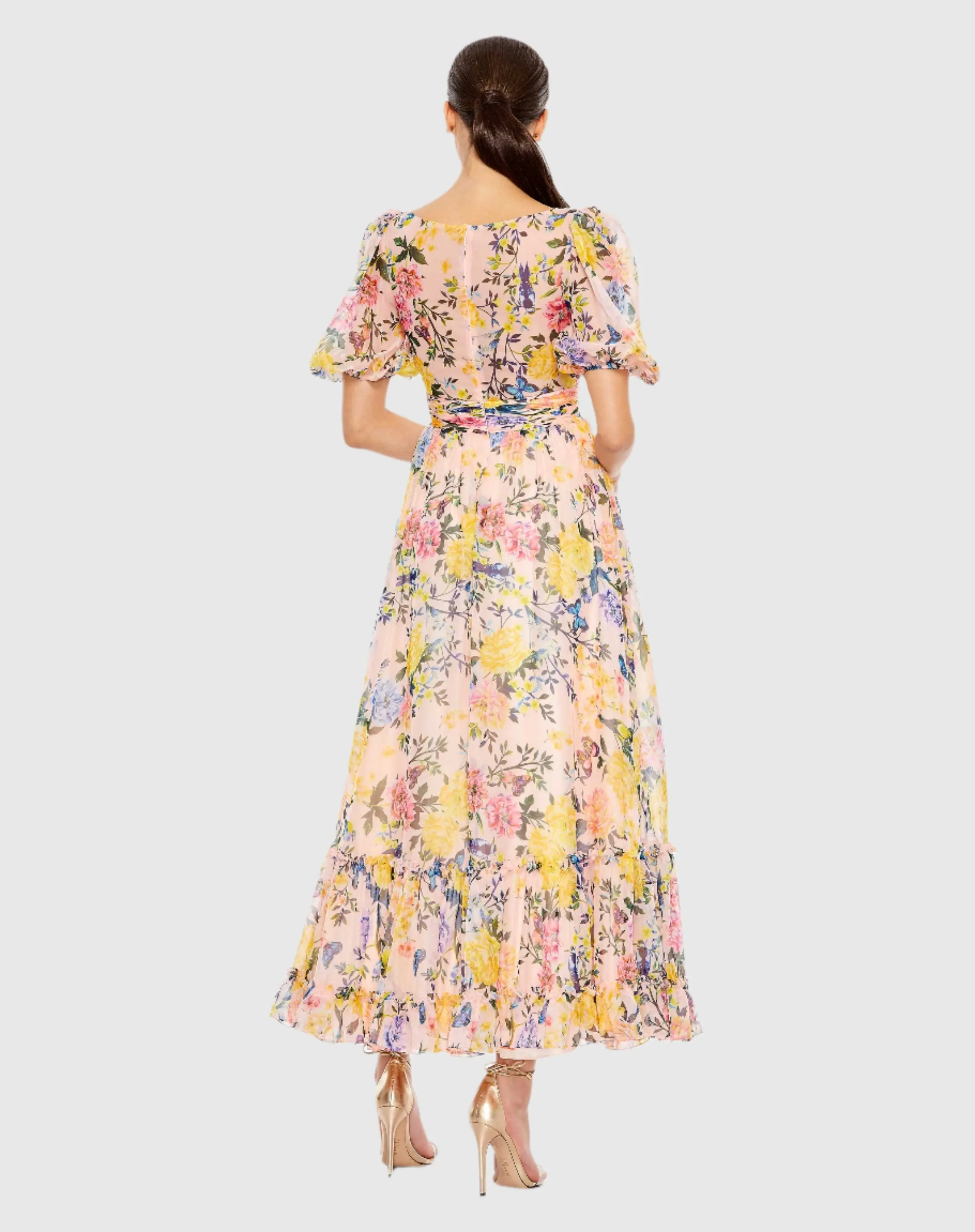 Floral Print Chiffon Puff Sleeve Tiered Hem Dress