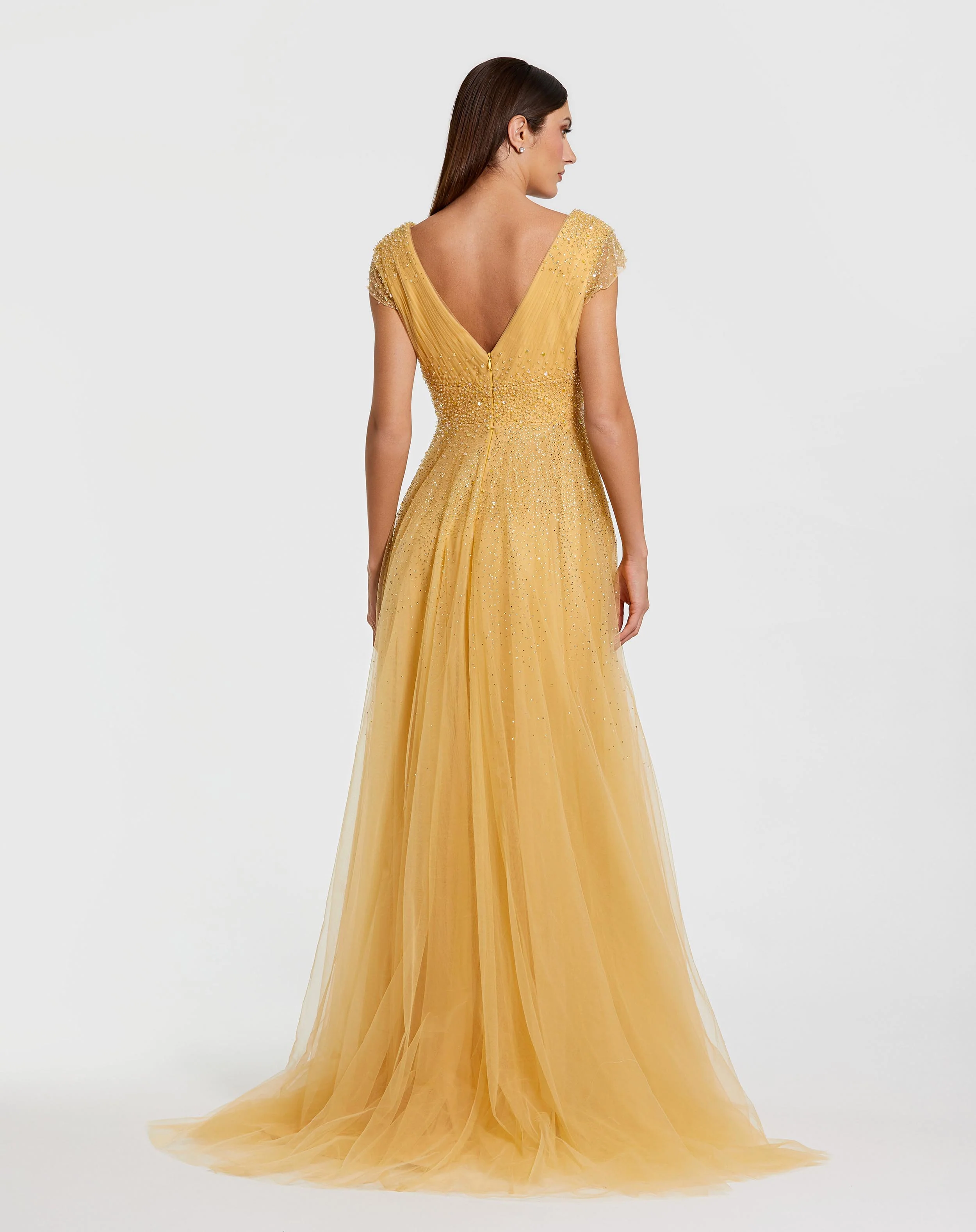 Yellow Embellished Tulle Cap Sleeve V Neck Gown