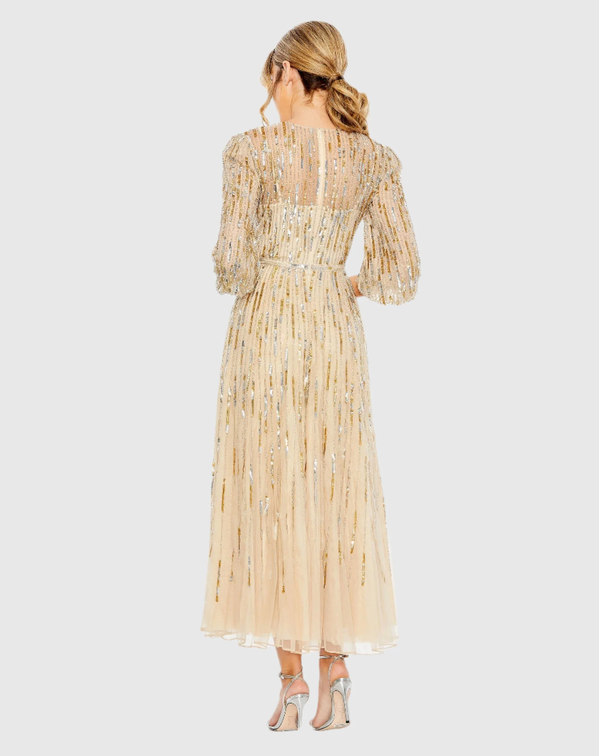 Gold Beaded High Neck Midi Dress