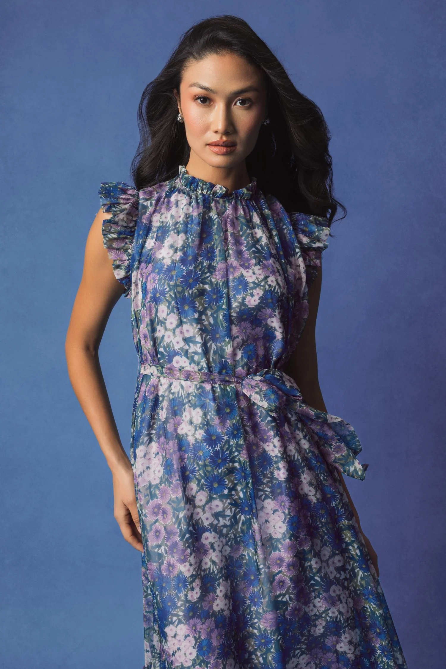 Purple Printed Chiffon Ruffle Sleeve Gown With Bow Belt