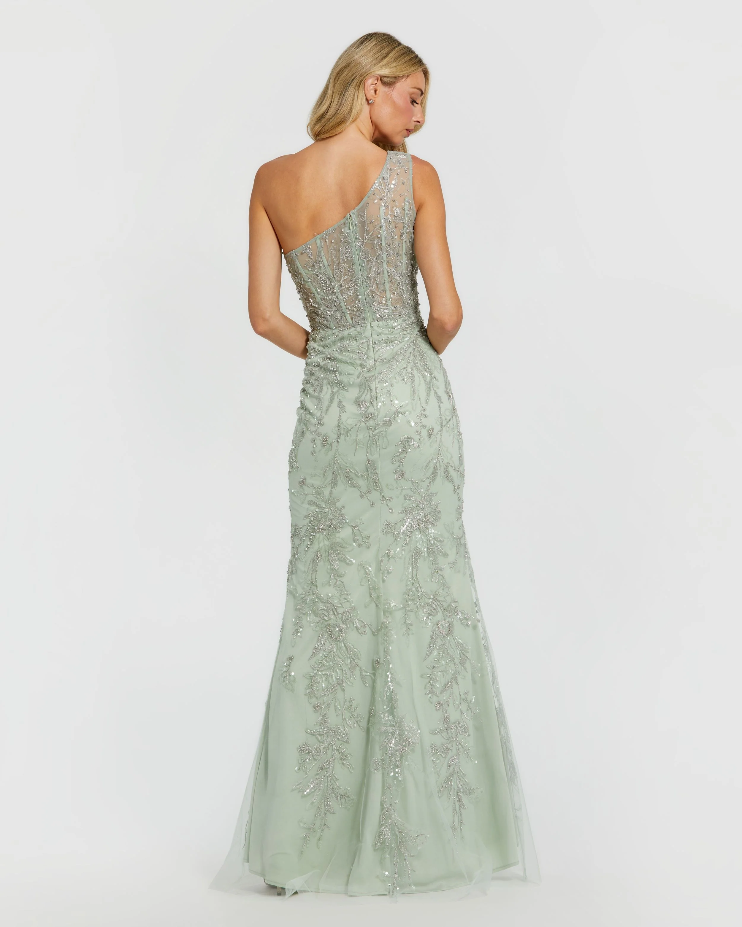 Green One Shoulder Embellished Gown