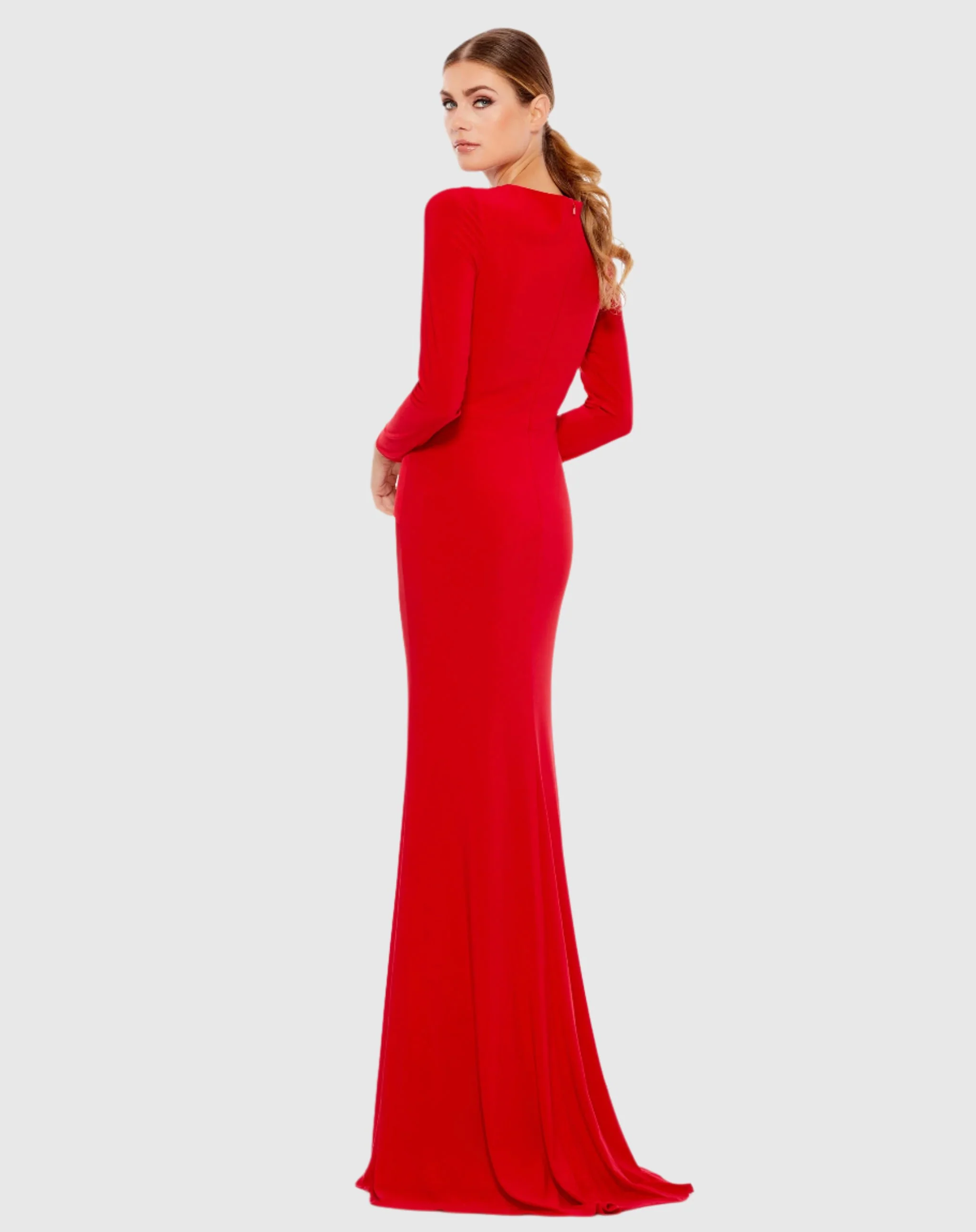Red Gathered Pearl Long Sleeve Keyhole Gown